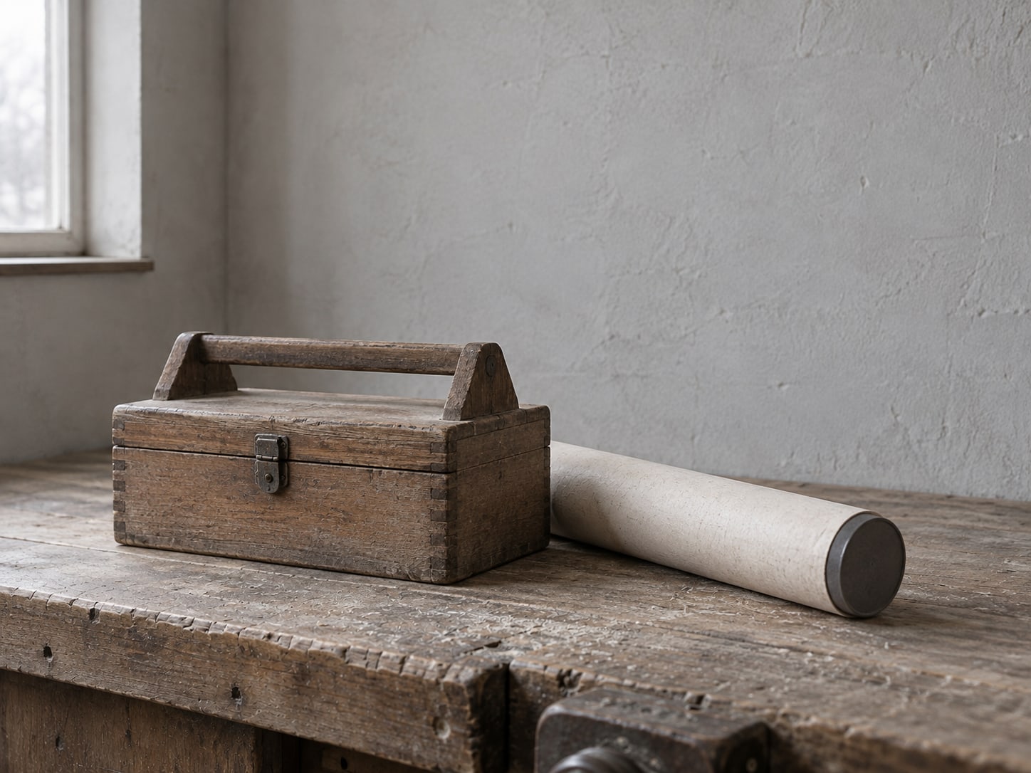 A small wooden toolbox with its lid shut resting on a workbench beside a single unmarked blueprint tube.