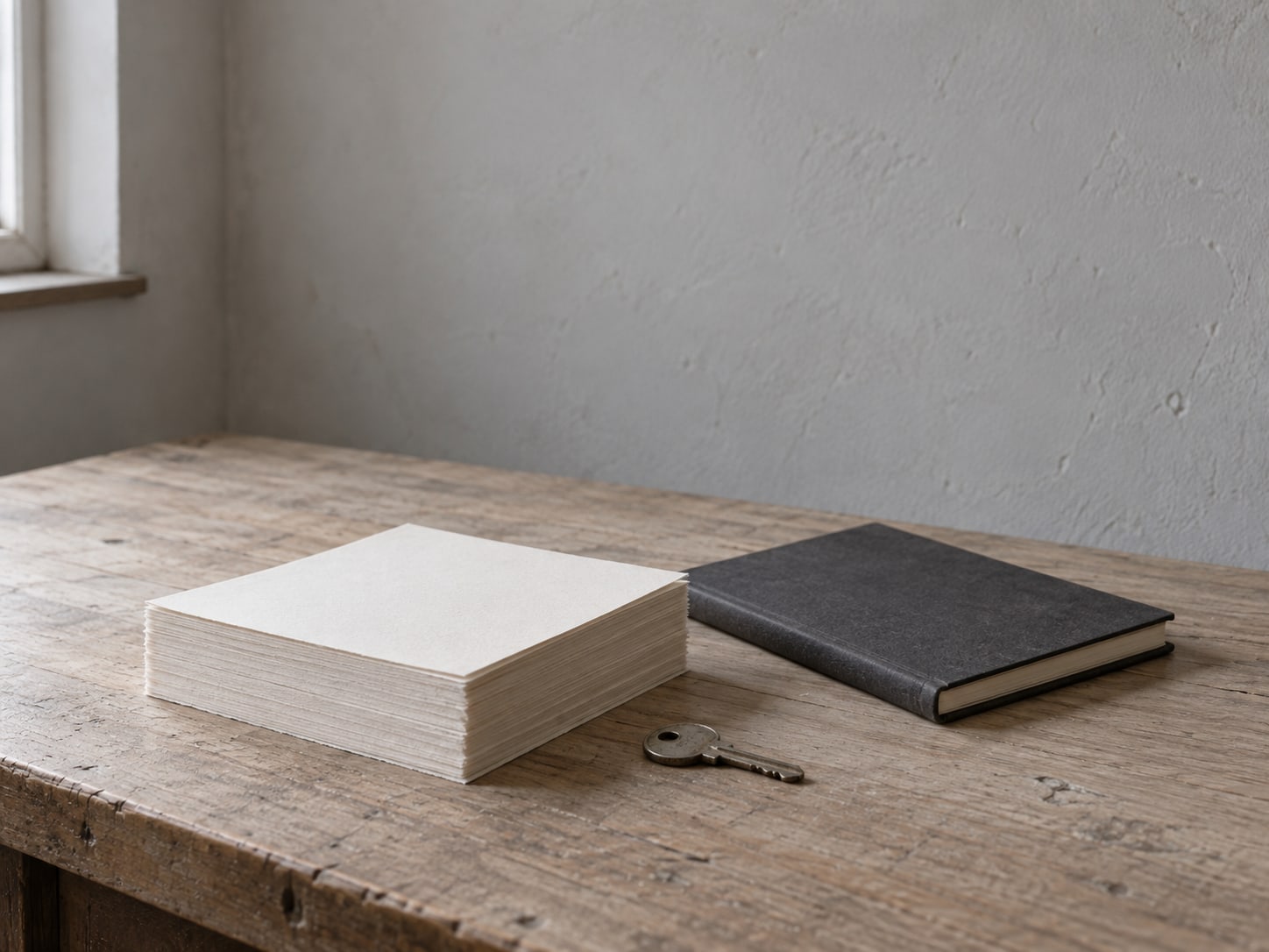 A single neat stack of blank paper squared up on a clean desk next to a small metal key and a closed notebook.