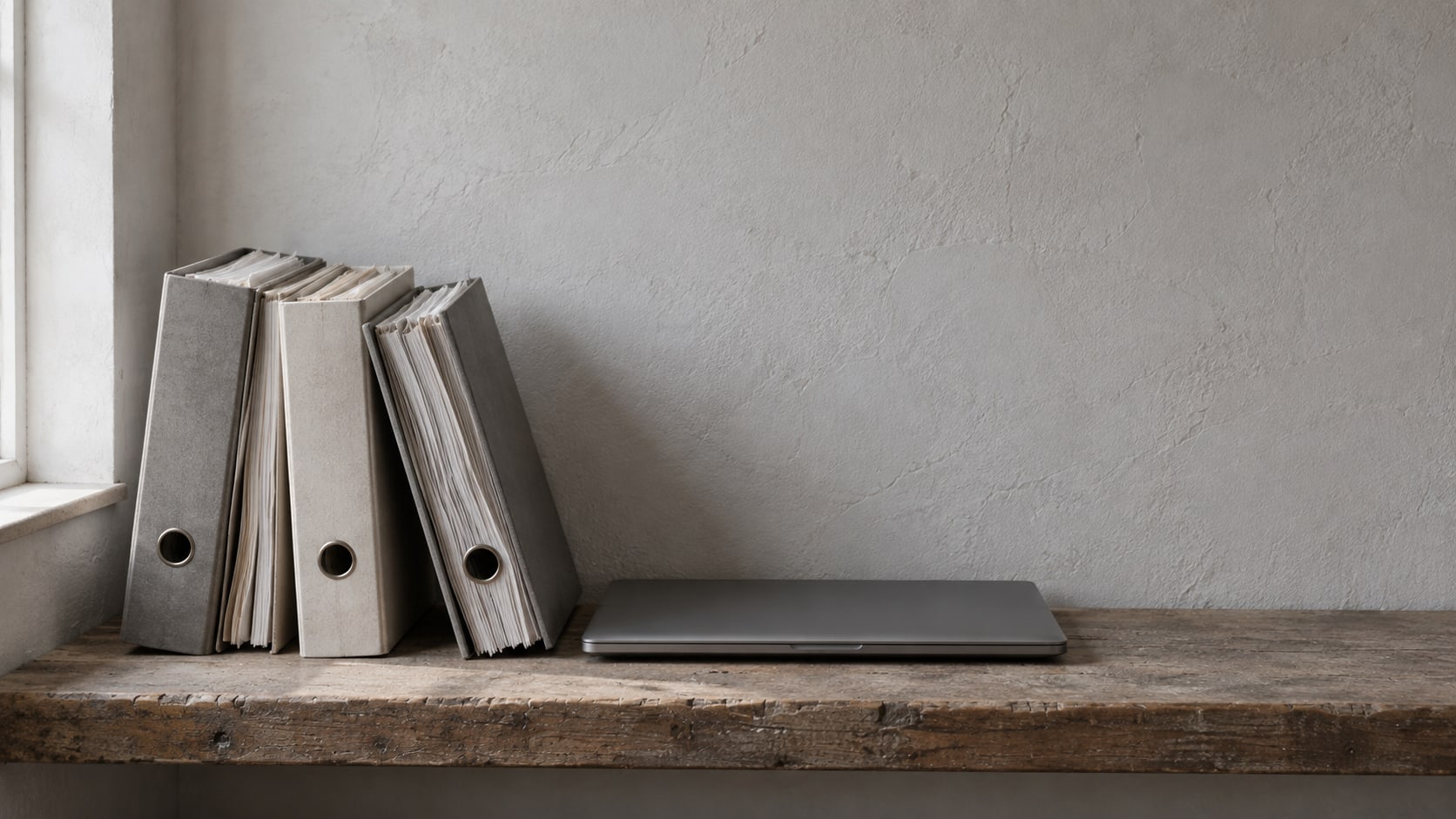 Three overstuffed ring binders leaning against each other beside a closed laptop on a wooden shelf.