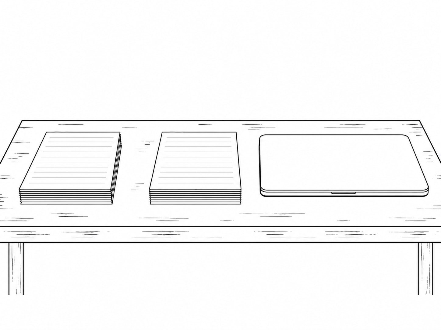 Two identical stacks of ruled paper lying side by side on a worn wooden desk, each marked with faint unreadable pencil lines, beside a closed laptop.