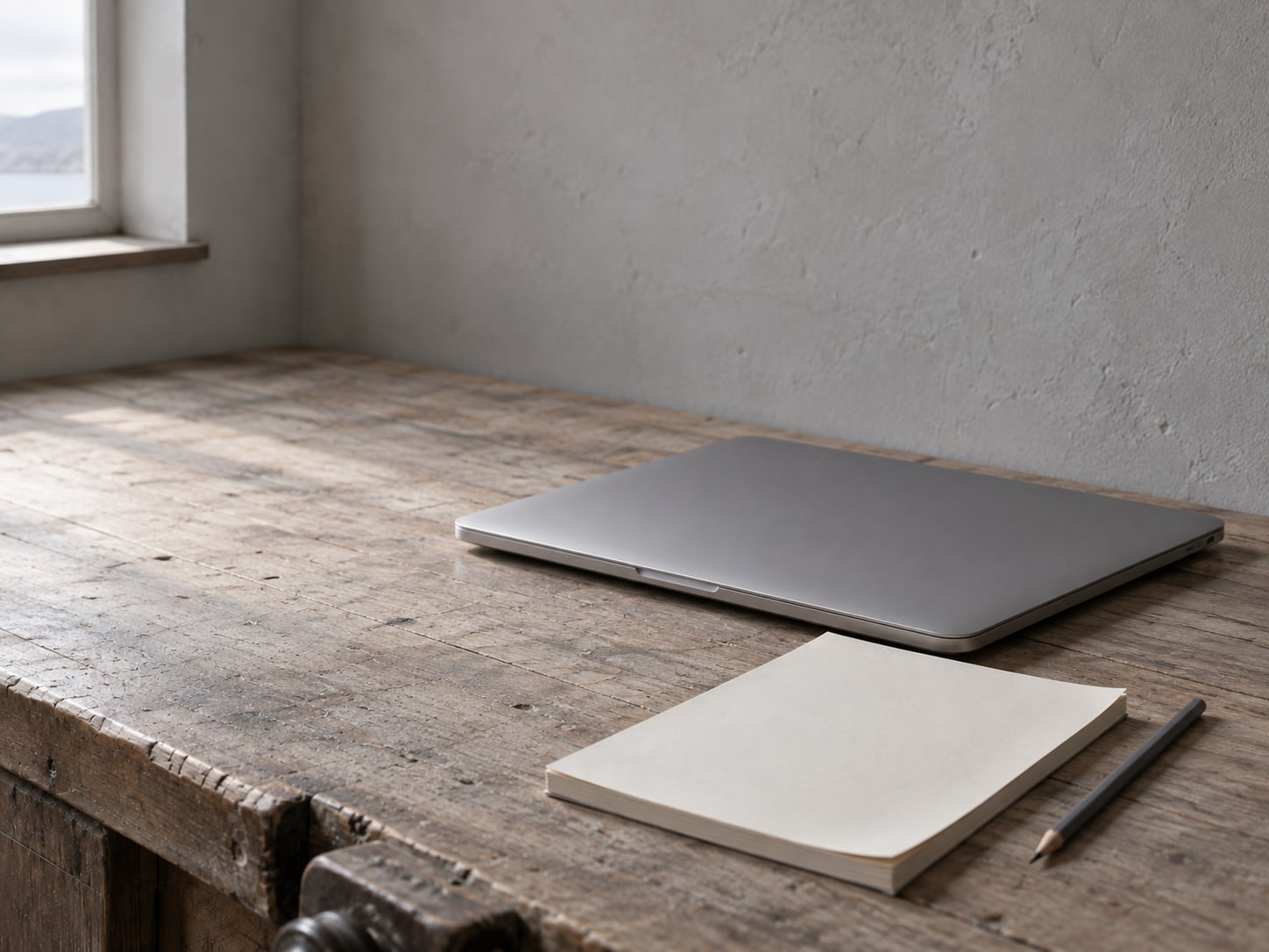A closed laptop beside a blank notepad and a pencil on a pale wooden desk in soft morning light.