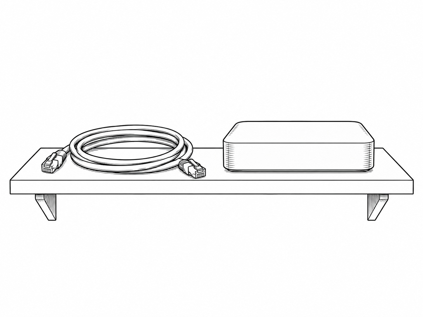 A single network cable coiled loosely beside a small closed router on a plain gray shelf.