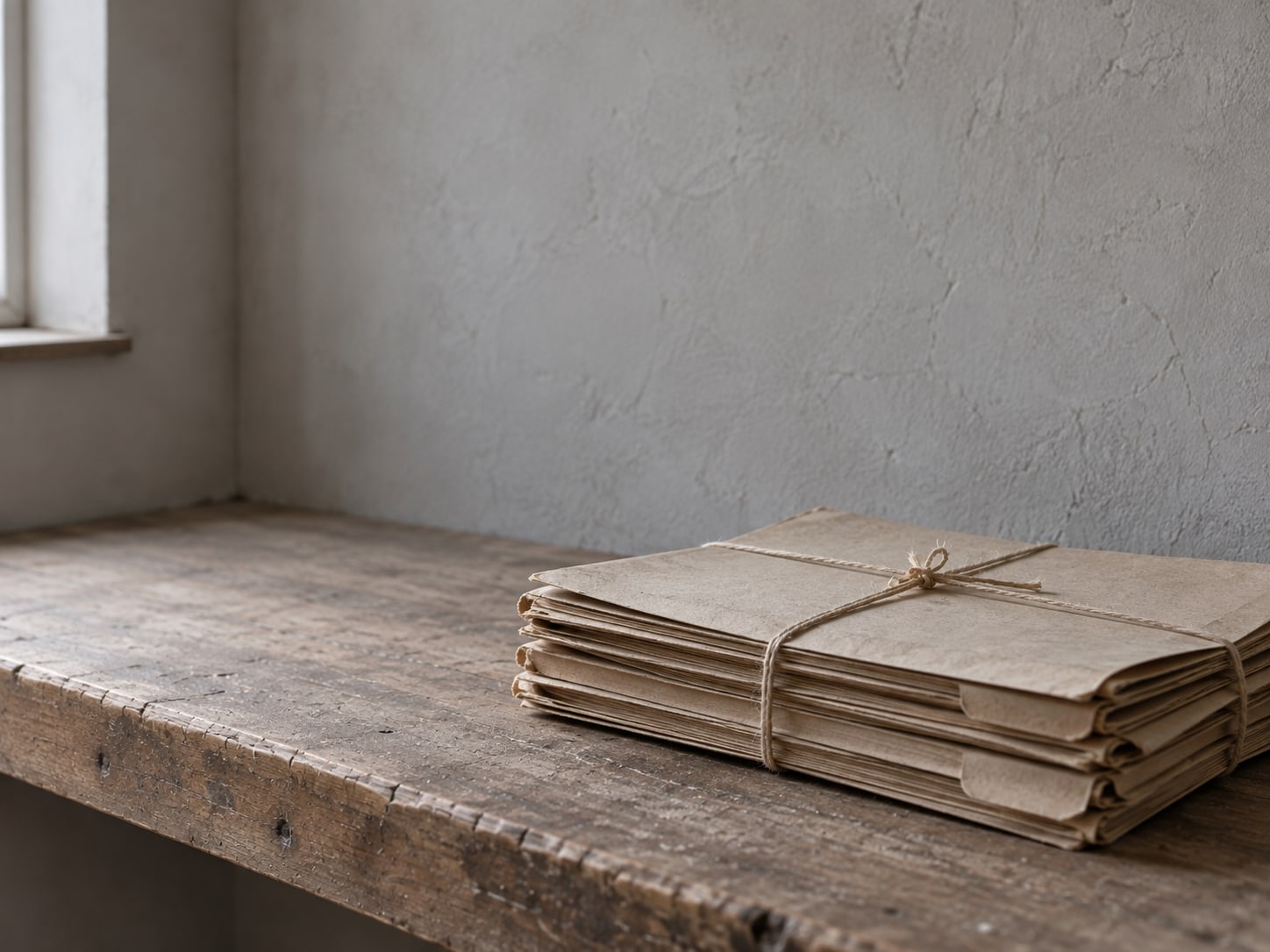 A small stack of old paper file folders tied with string, set aside on the corner of a wooden shelf.
