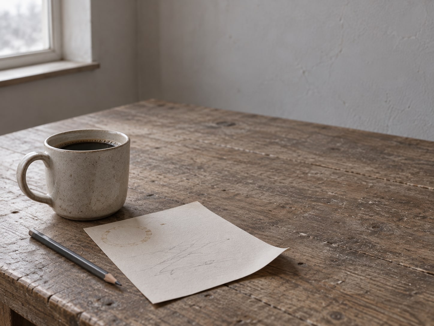 A cup of coffee next to a short checklist on blank paper with unreadable pencil marks, on a kitchen table.