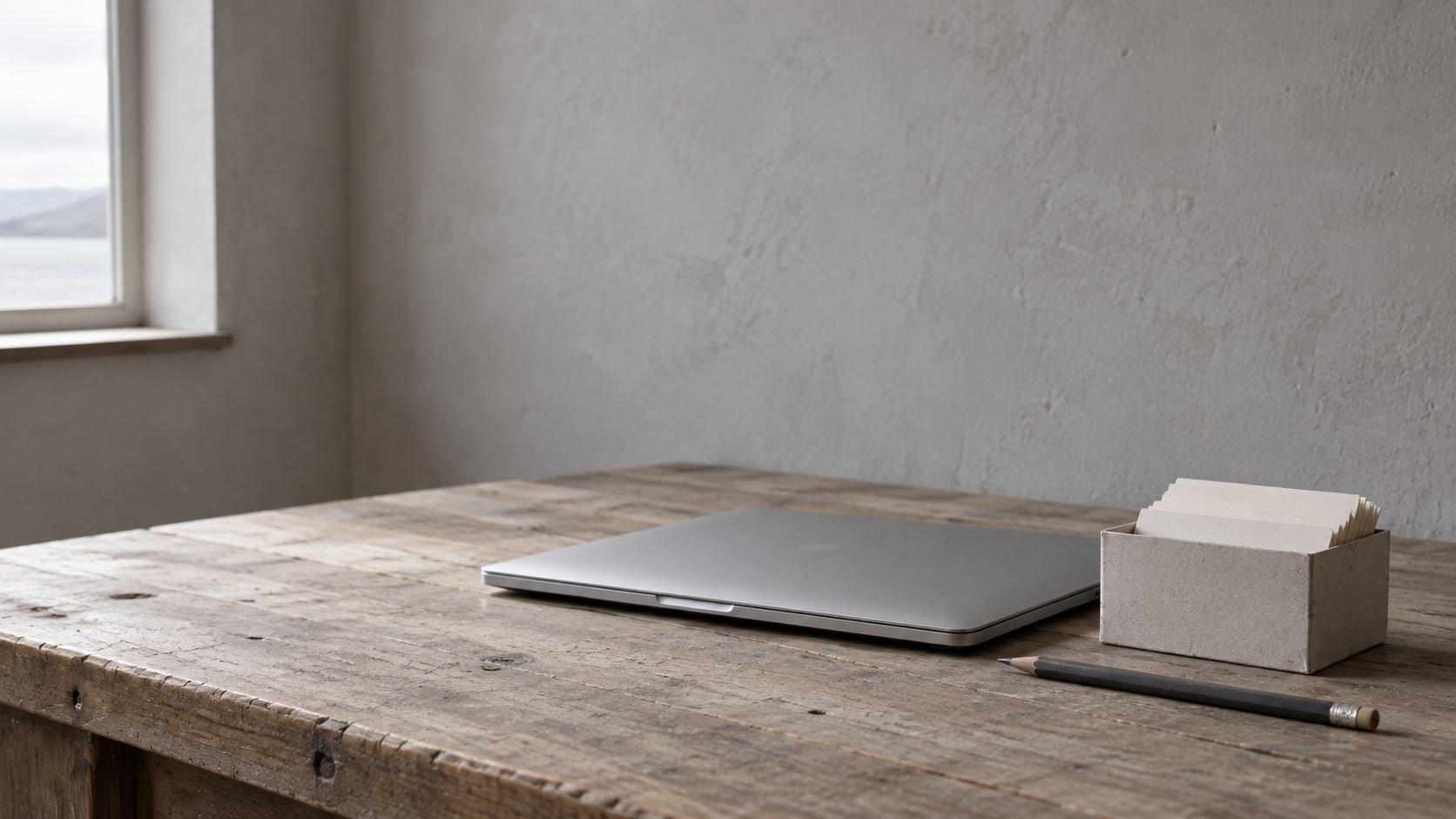 A closed laptop, a blank index card box and a pencil arranged on a quiet wooden desk.