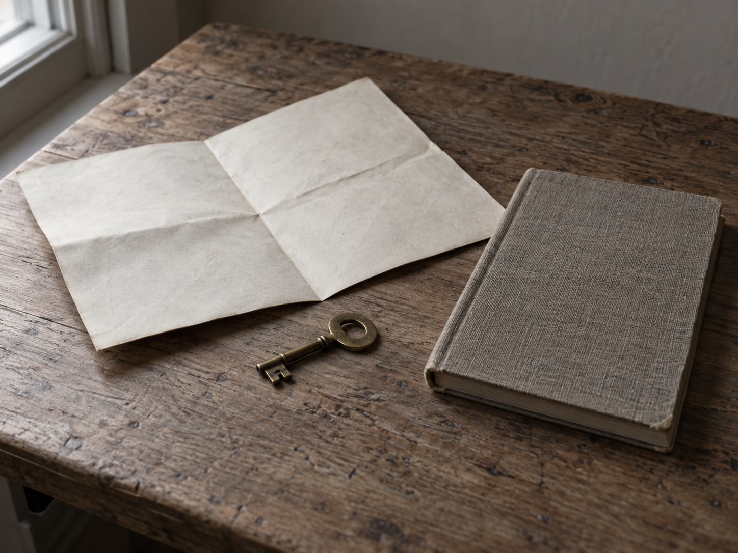 A small brass key and a folded blank paper map lying beside a closed notebook on a wooden desk.