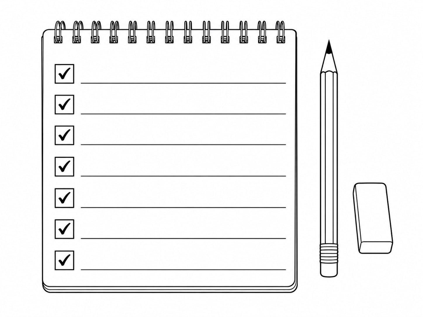 A pad of ruled paper with seven lines of unreadable pencil marks, each with a small check mark, beside a pencil and an eraser.