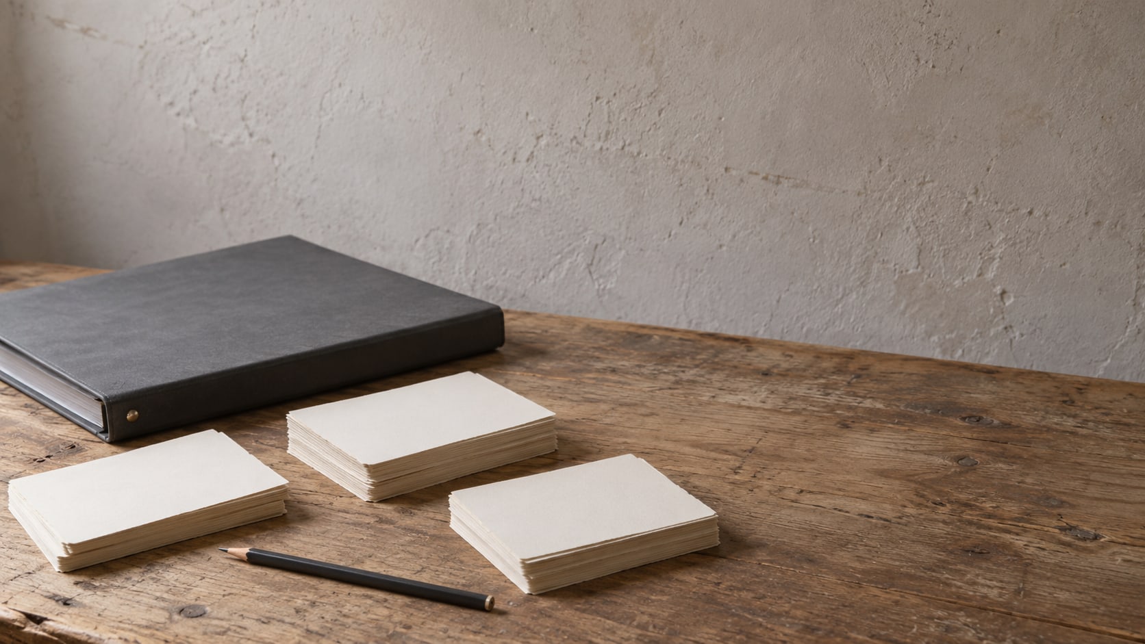 A stack of blank index cards sorted into three loose piles beside a pencil and a closed binder on a clean workbench.