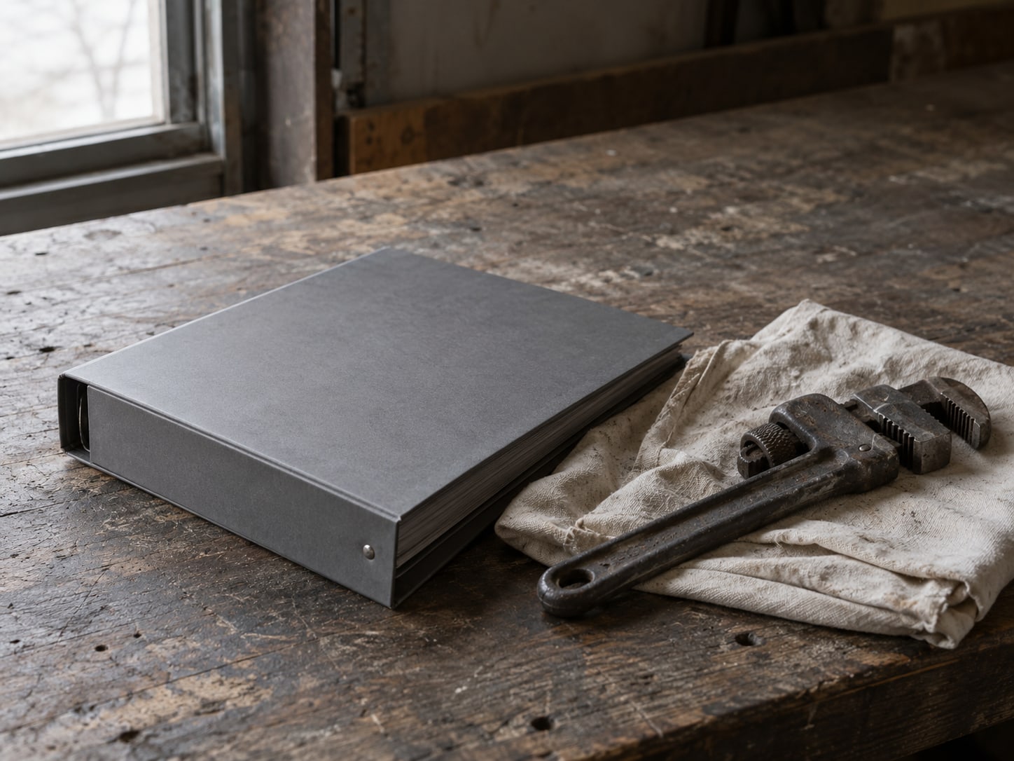 A closed three-ring binder and a pipe wrench resting on a folded drop cloth on a garage workbench.