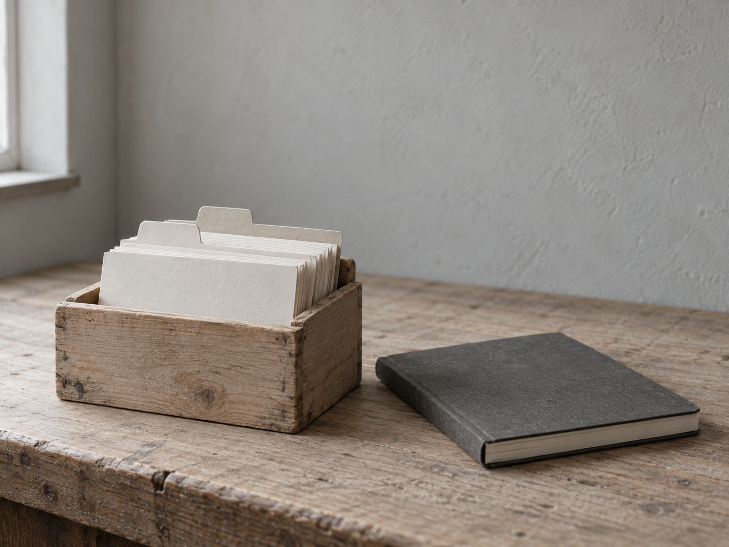 Una pequeña caja de madera con tarjetas en blanco y unos separadores junto a un cuaderno cerrado sobre un escritorio claro.