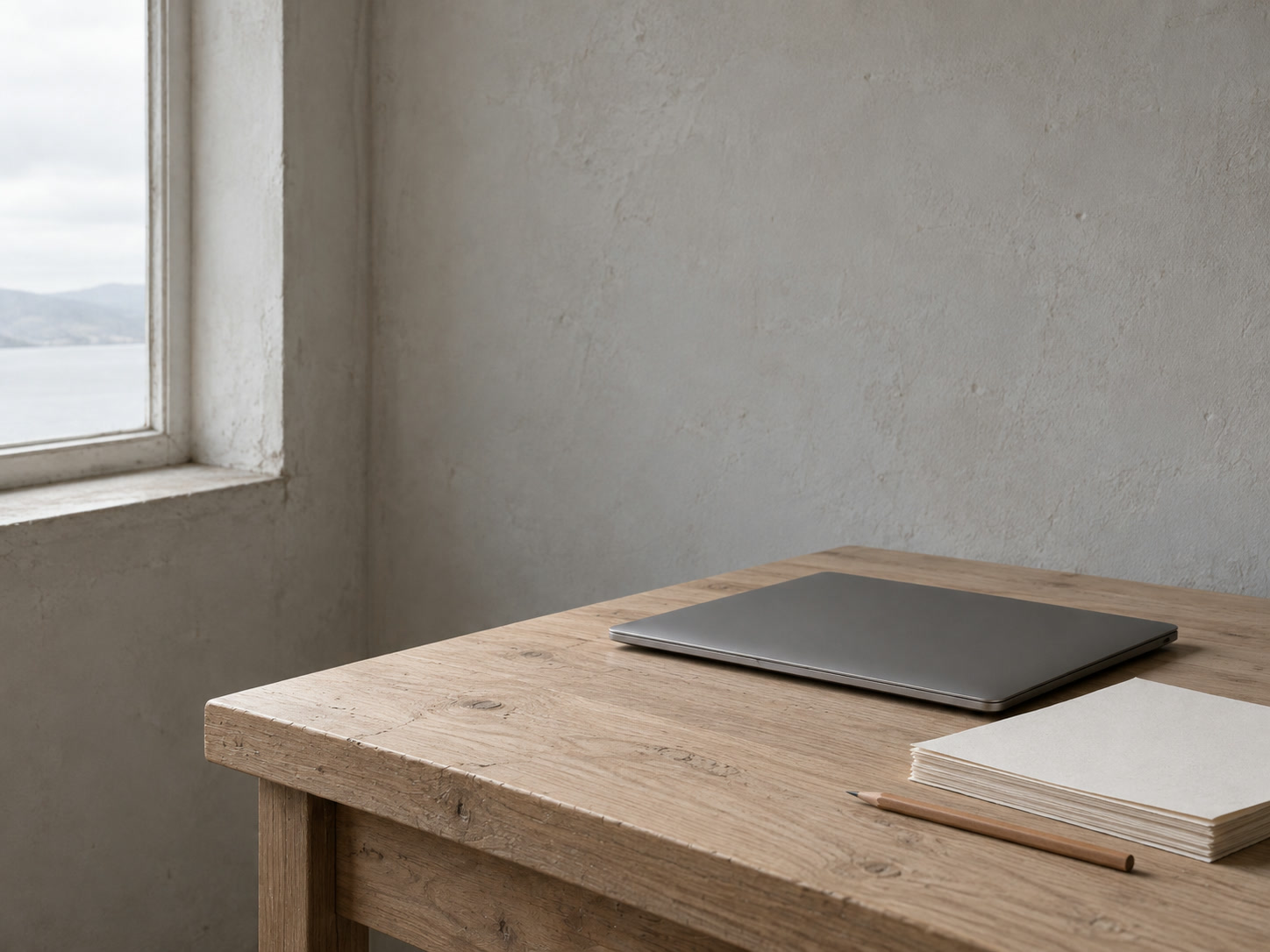 Una laptop cerrada junto a una pila ordenada de papel en blanco y una sola pluma sobre un escritorio de roble claro.