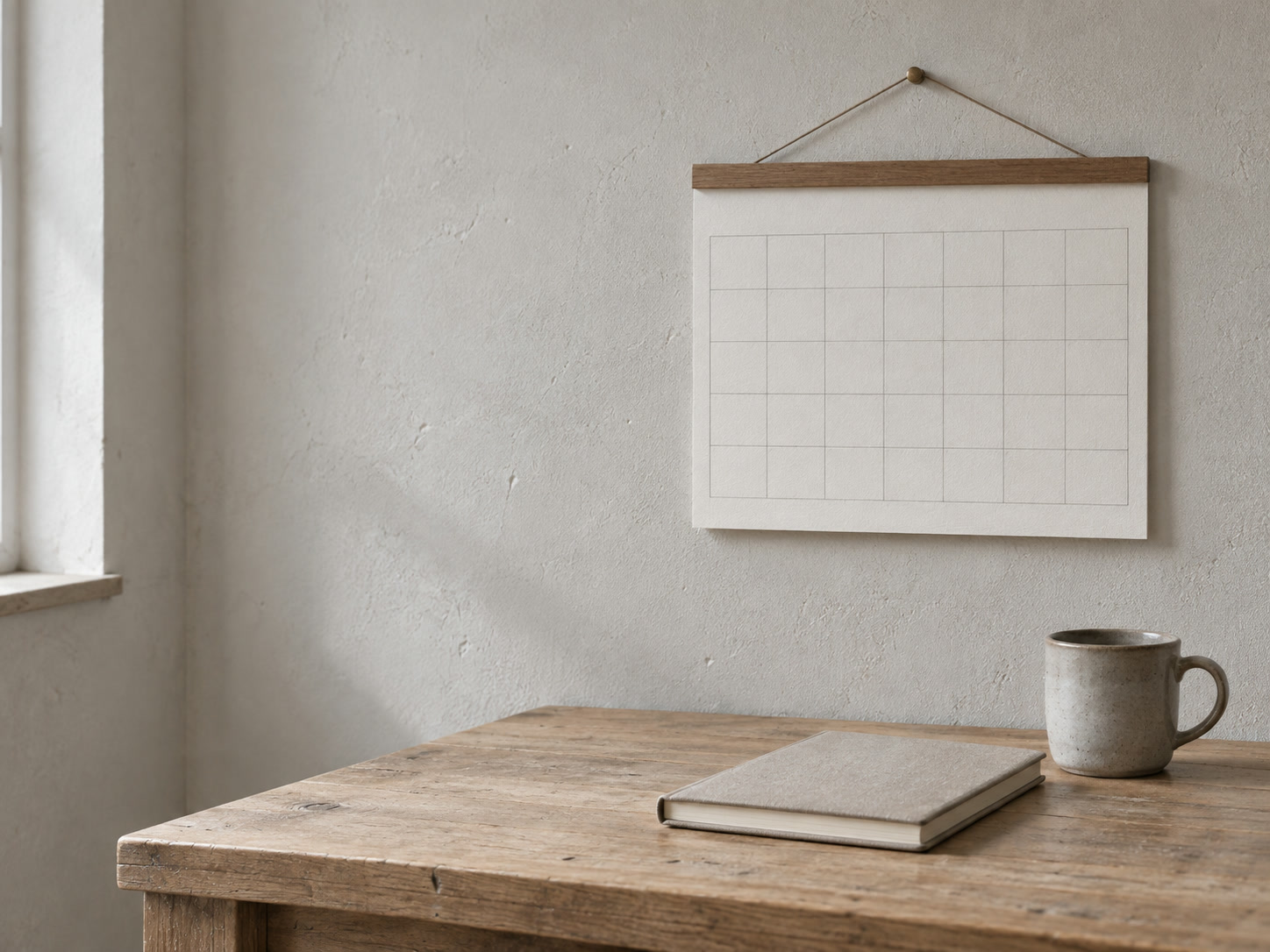 Un calendario de pared con casillas en blanco colgado sobre un escritorio ordenado con una agenda de citas cerrada y una taza de café.