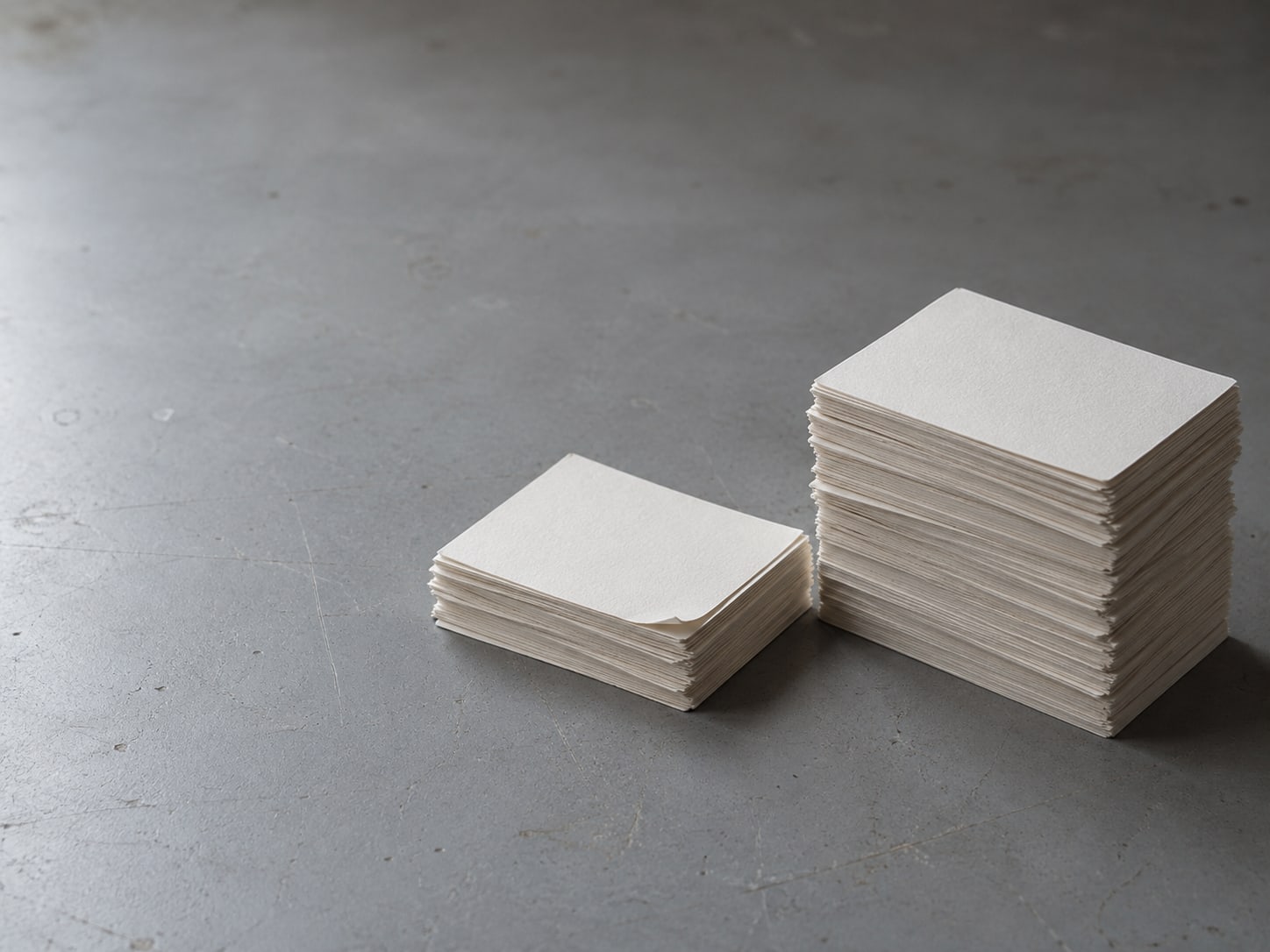 Una pila alta y una pila baja de fichas en blanco sobre una mesa gris.
