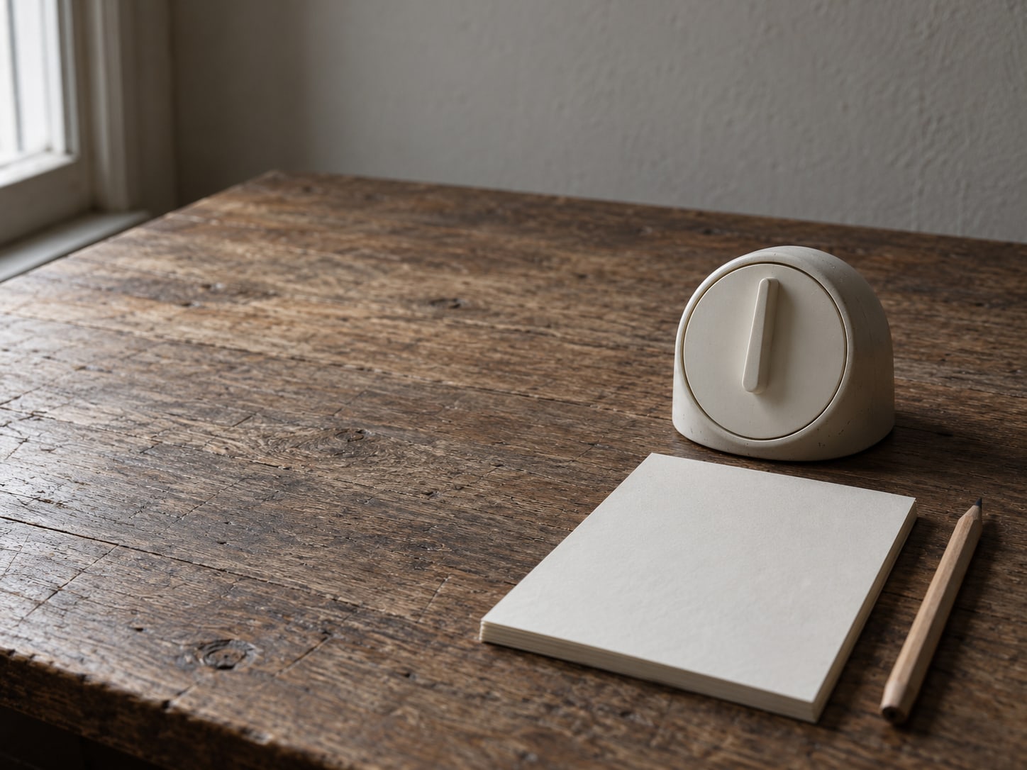 Un temporizador de cocina junto a una libreta en blanco y un lápiz sobre un escritorio de madera gastada.