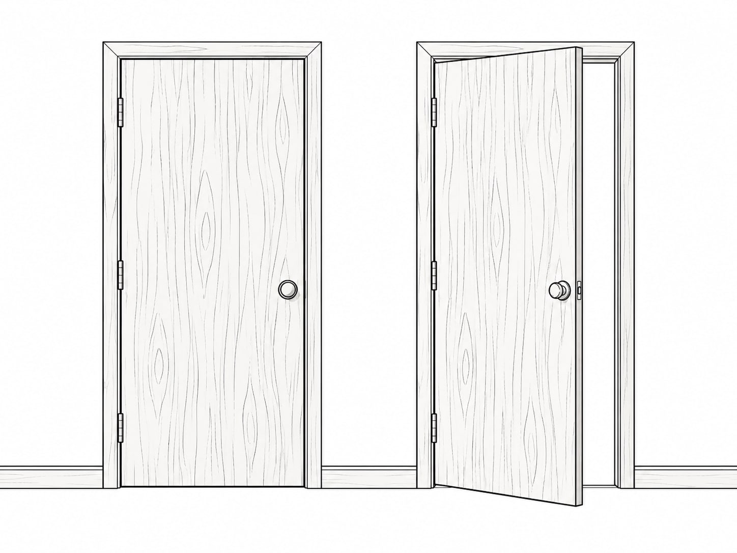 Dos puertas de madera idénticas, una junto a la otra, en una pared lisa pintada, una de ellas entreabierta.