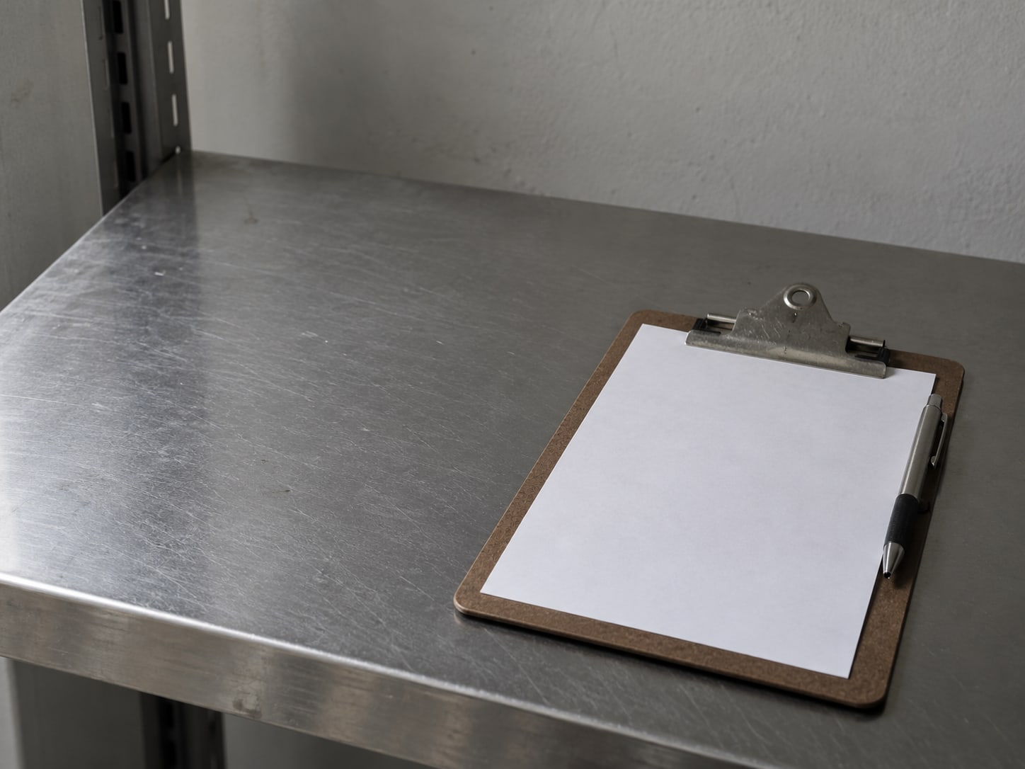 A clipboard holding a blank checklist sheet with a pen clipped to it, set on a metal server rack shelf.