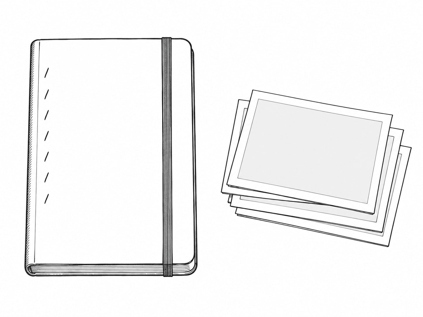 A plain notebook with pencil tick marks down the margin beside a small stack of printed photographs.