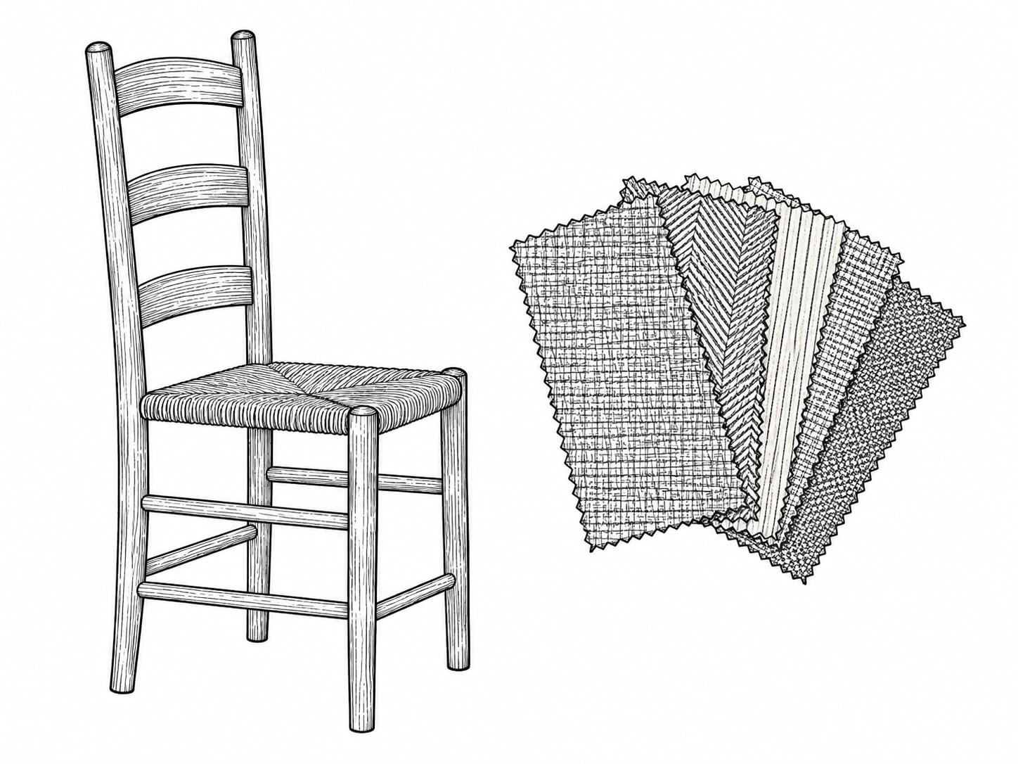 A small ladder-back chair photographed beside a stack of fabric swatches in soft window light.