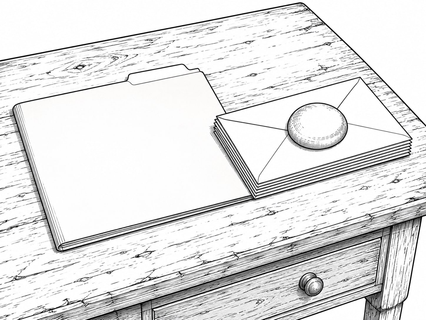 Una carpeta manila cerrada y una pila de sobres en blanco sobre un escritorio de madera gastada, sujetos con un pequeño pisapapeles de latón.