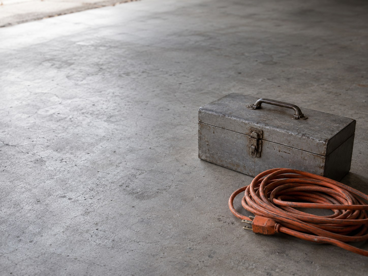 Una caja de herramientas cerrada y un cable de extensión naranja enrollado sobre un piso limpio de garaje.