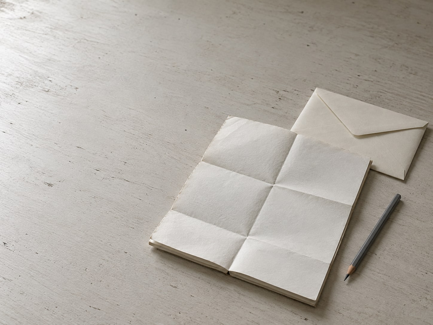 Un mapa de papel en blanco doblado y un lápiz afilado junto a un sobre sin abrir sobre un escritorio claro.