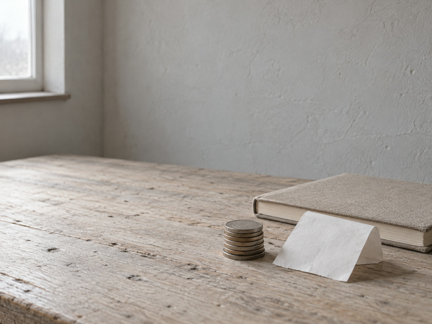 A small stack of coins beside a folded paper receipt and a closed notebook on a pale wooden table.