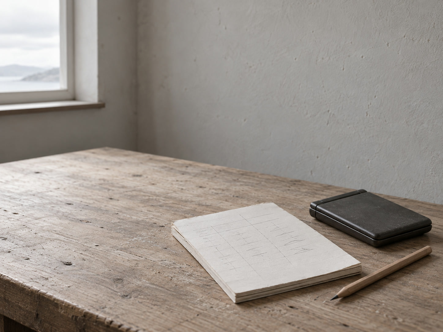A plain paper notepad covered in faint pencil columns beside a closed calculator and a sharpened pencil on a desk.