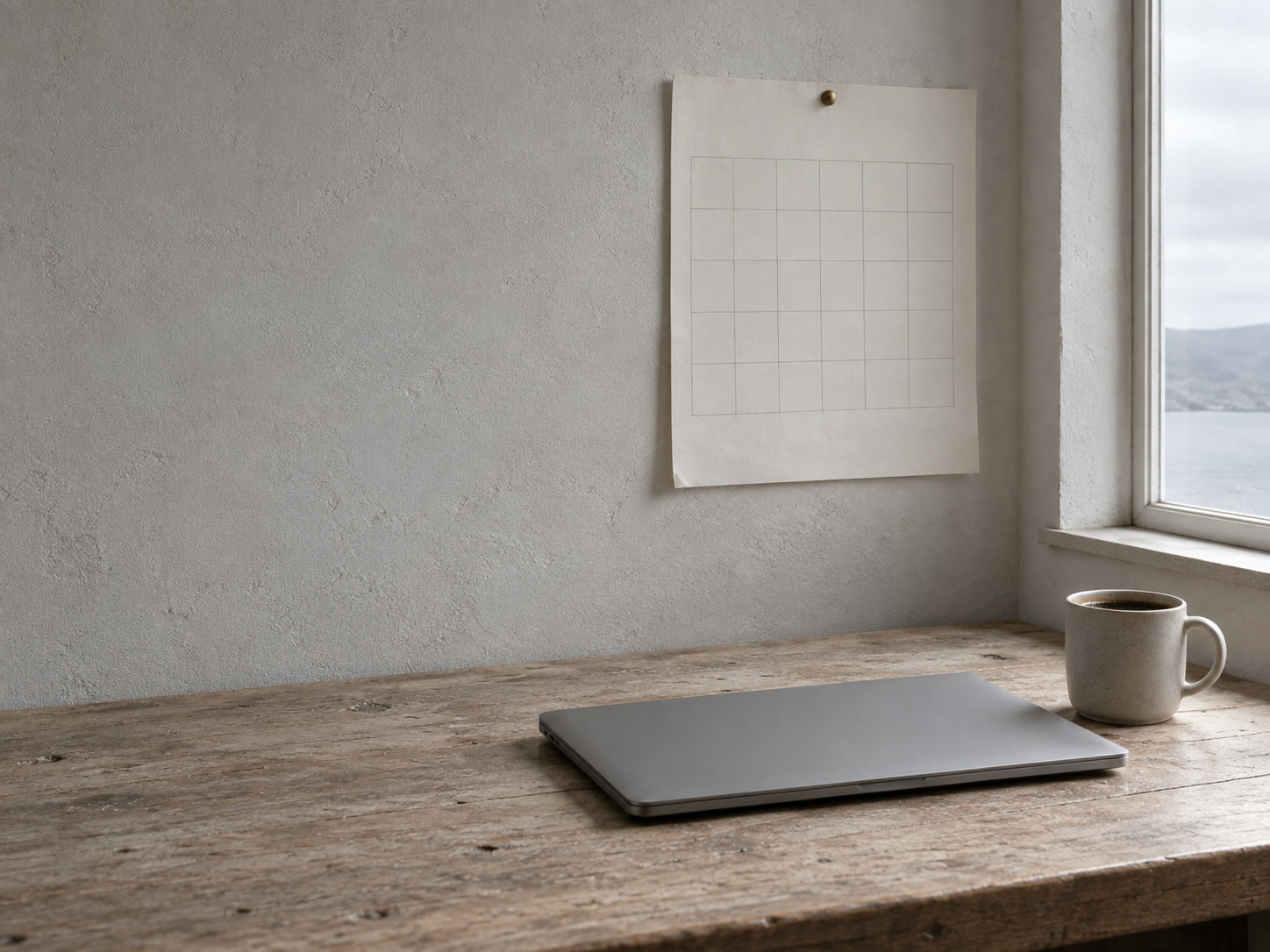 A closed laptop, a paper wall calendar with blank squares and a mug of coffee on a quiet desk by a window.