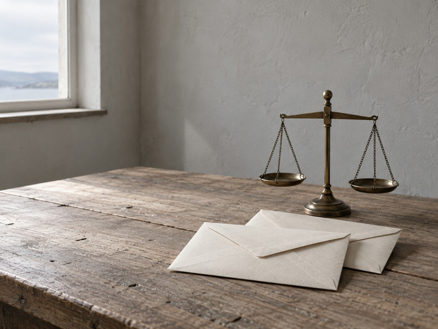 Two sealed blank envelopes and a small brass balance scale on a wooden desk.