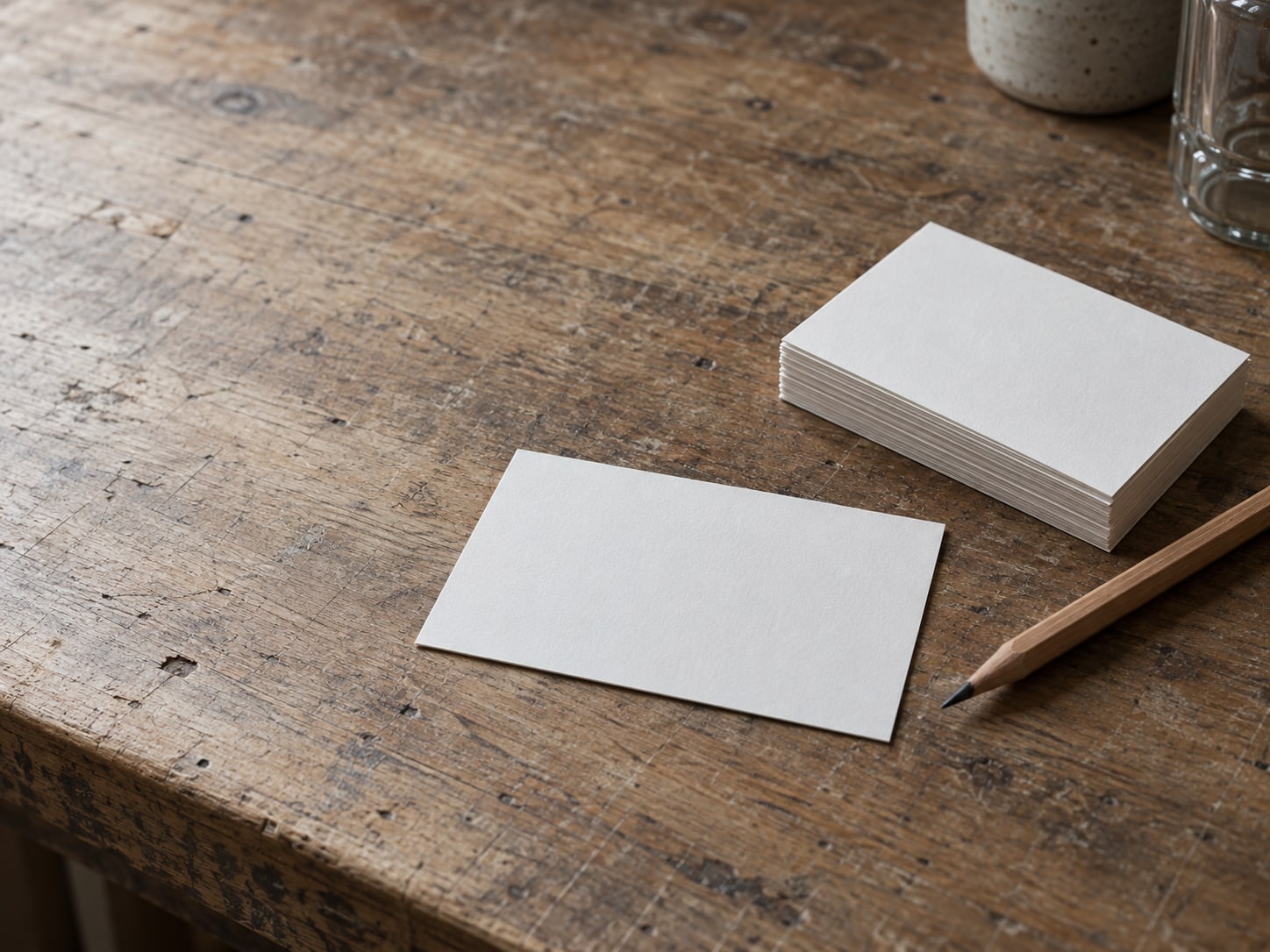 A blank fit checklist card and a sharpened pencil beside a small stack of index cards