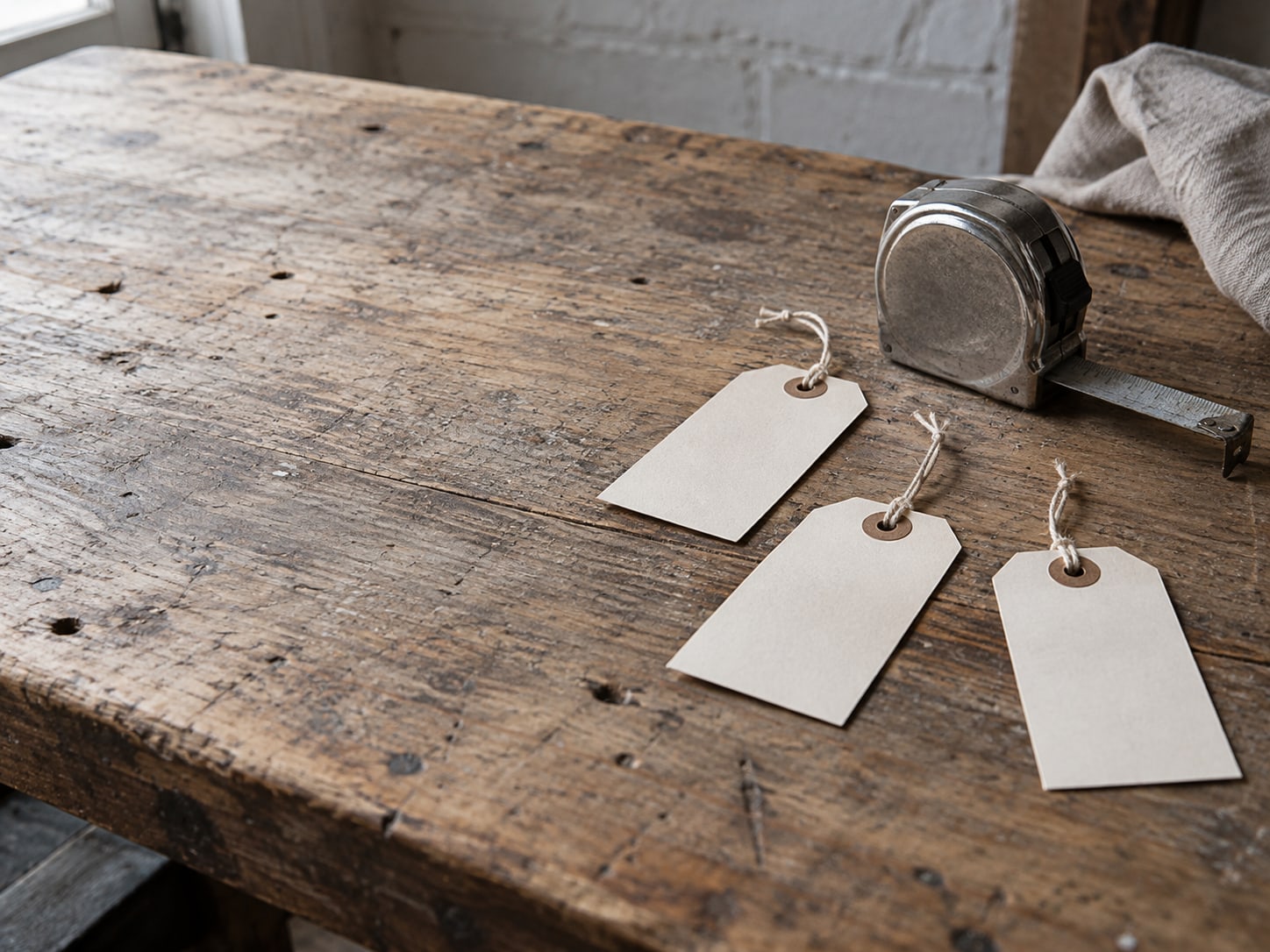 Three blank price tags and a tape measure laid out on a workshop bench