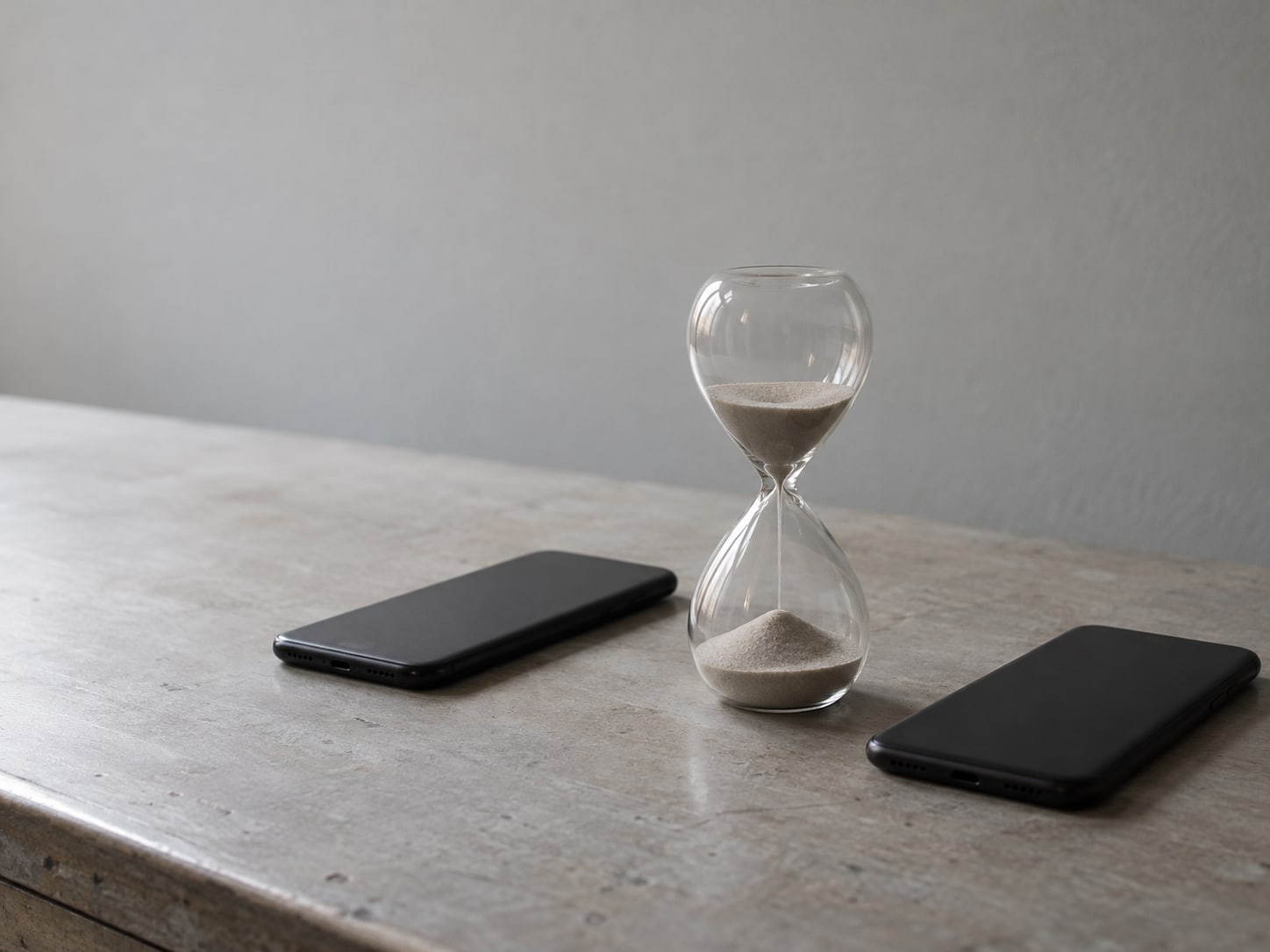 A sand timer standing on a desk between two closed phones lying face down