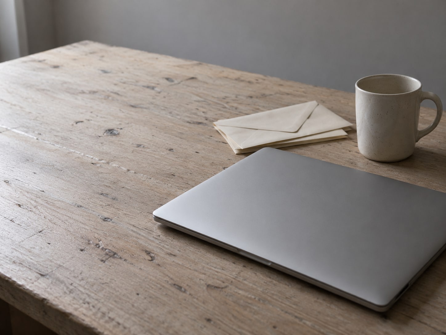Una laptop cerrada y una pequeña pila de sobres en blanco sobre una mesa de madera, junto a una taza de cerámica.