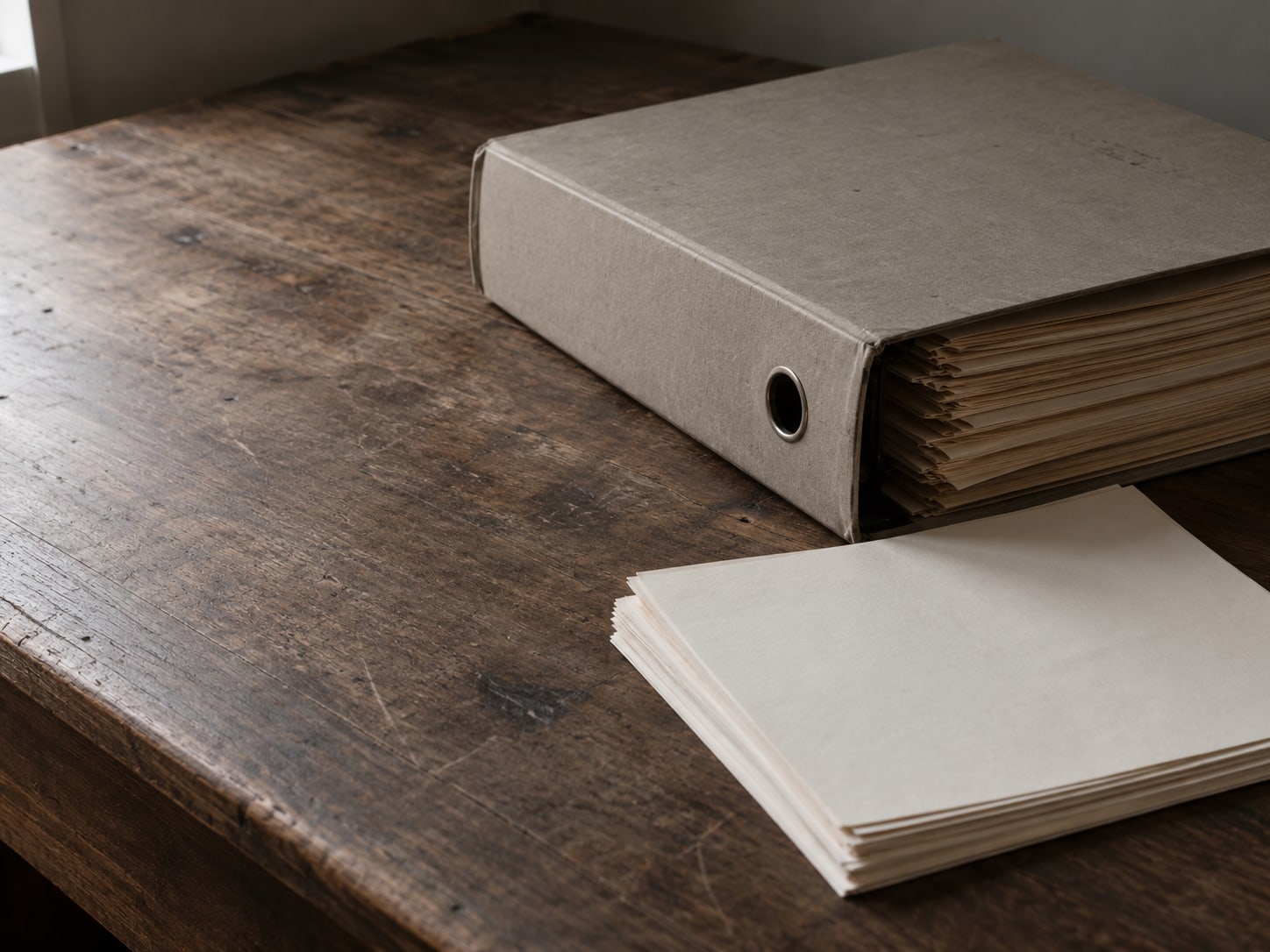 Un archivador con carpetas de trabajos cerradas junto a una pequeña pila de hojas de conteo de papel sobre un escritorio de madera desgastada.