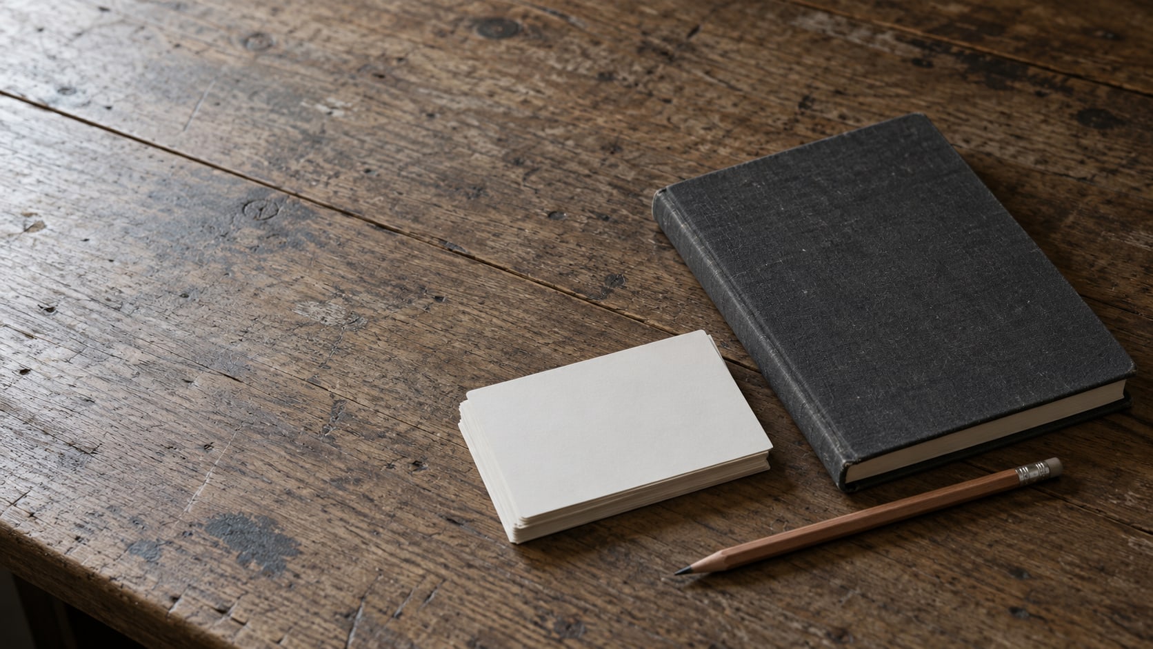 A closed ledger, a small stack of blank index cards and a pencil on a worn wooden desk.