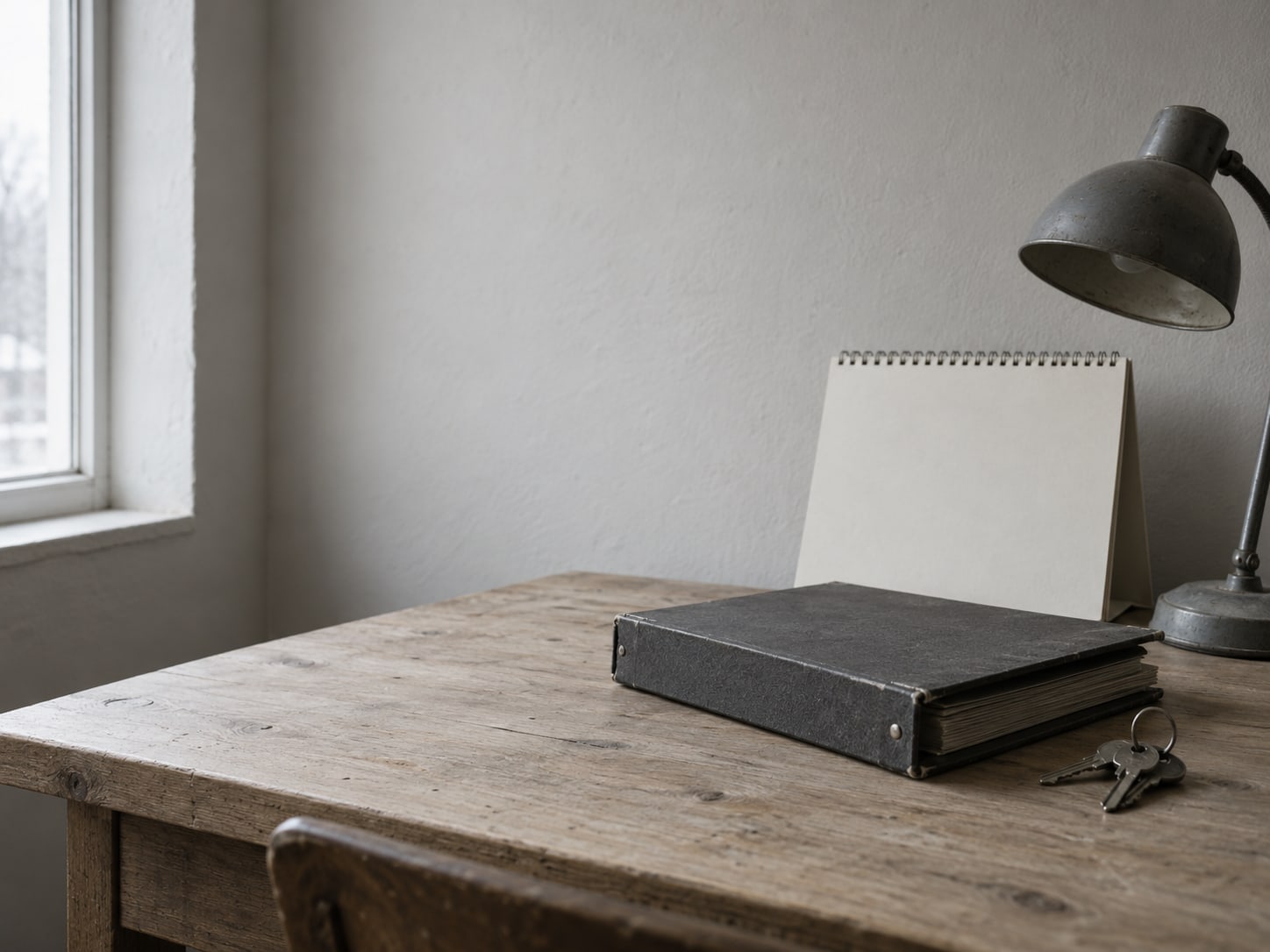 A closed binder, a ring of keys and a plain wall calendar leaning on a desk lamp in a quiet office.