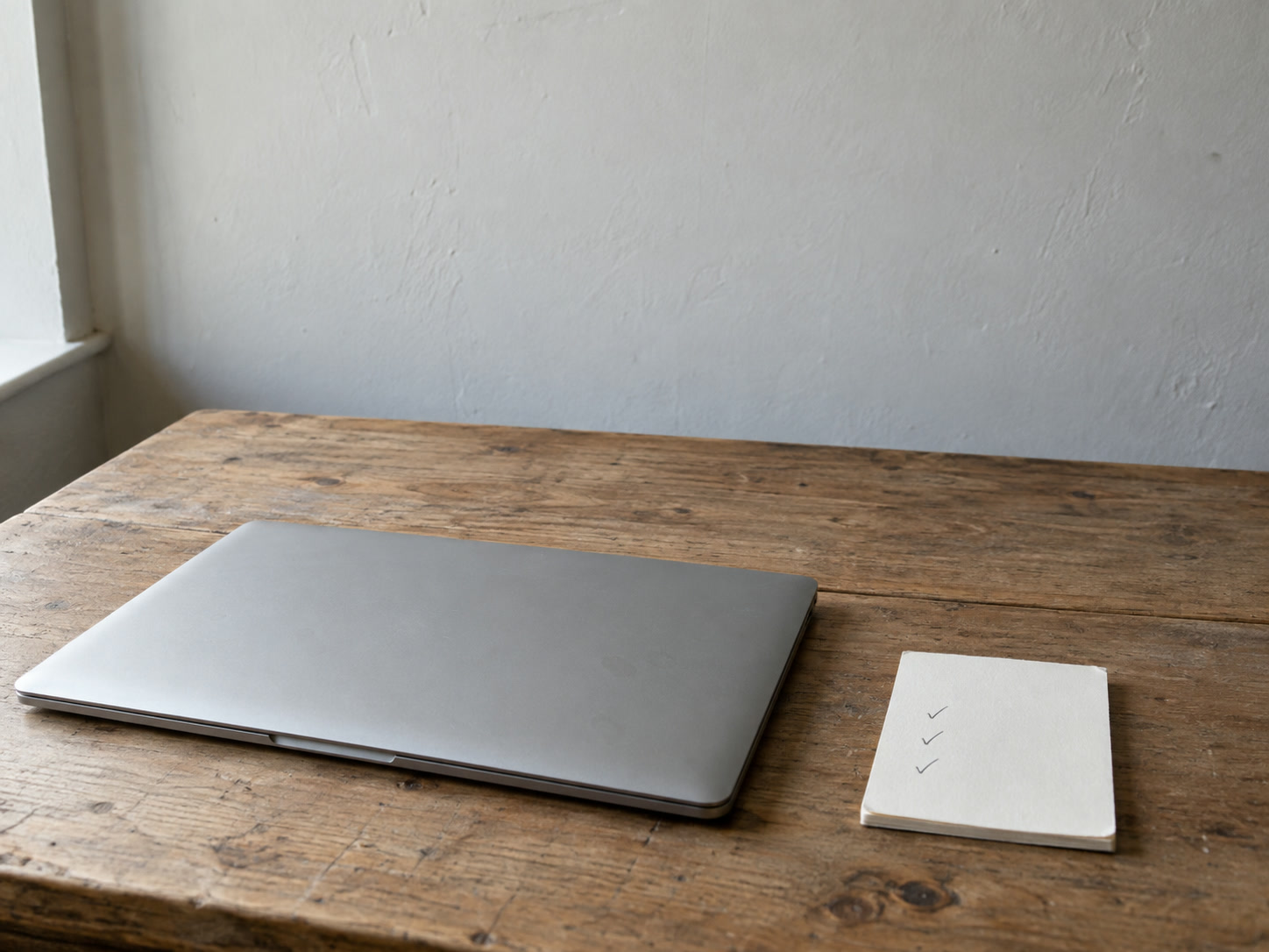 Una laptop cerrada sobre un escritorio de madera junto a un pequeño bloc con tres marcas a lápiz.