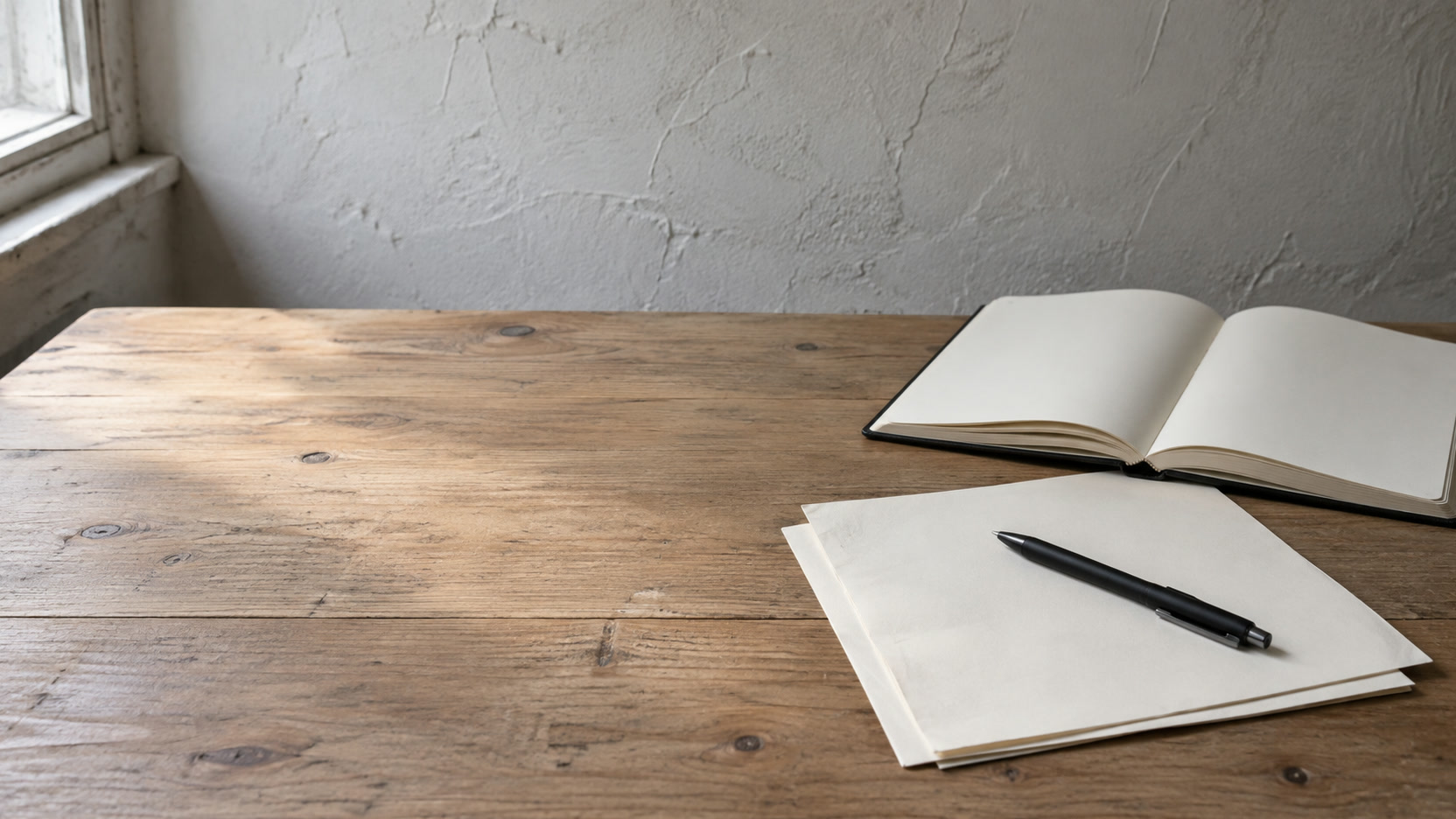 A pen resting on a small stack of papers beside an open notebook on a wooden desk by a window.