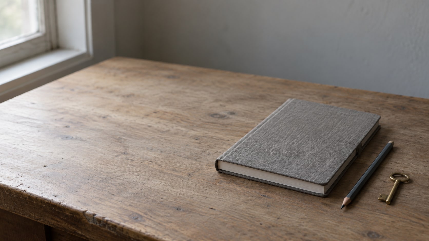 Un cuaderno cerrado, un lápiz y una pequeña llave de latón sobre un escritorio de madera limpio.