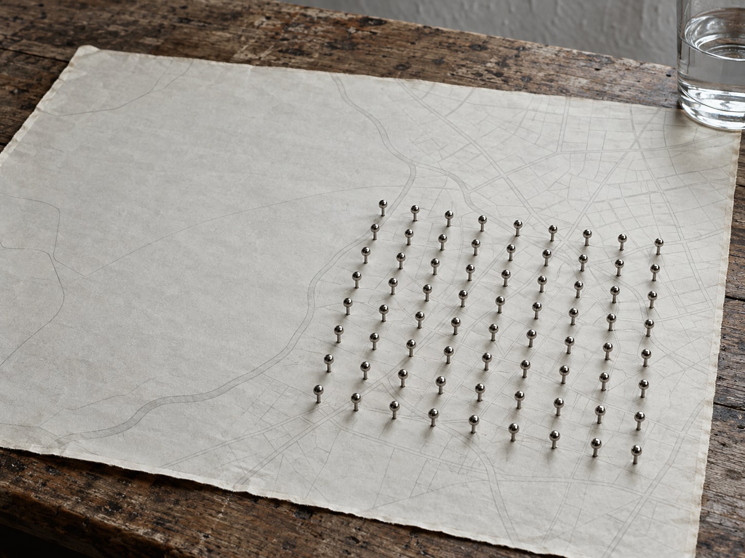 A nine by nine arrangement of small blank pushpins pressed into a plain paper map on a wooden table.