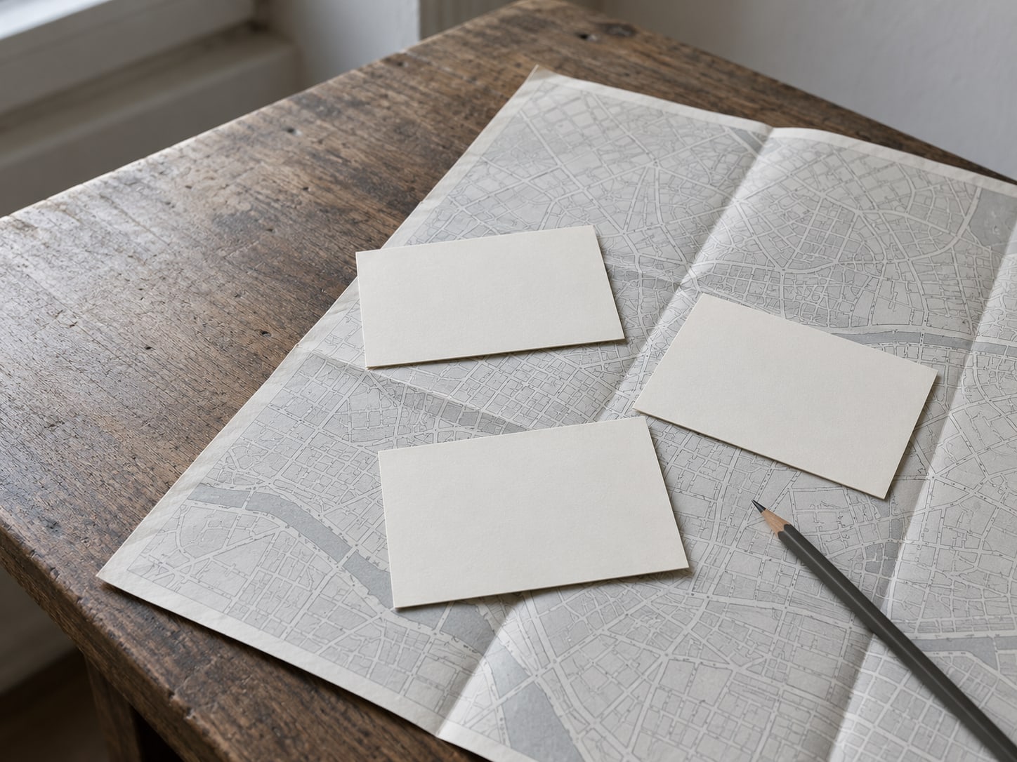 Three blank index cards spread in a loose triangle across a folded street map, with a pencil beside them.