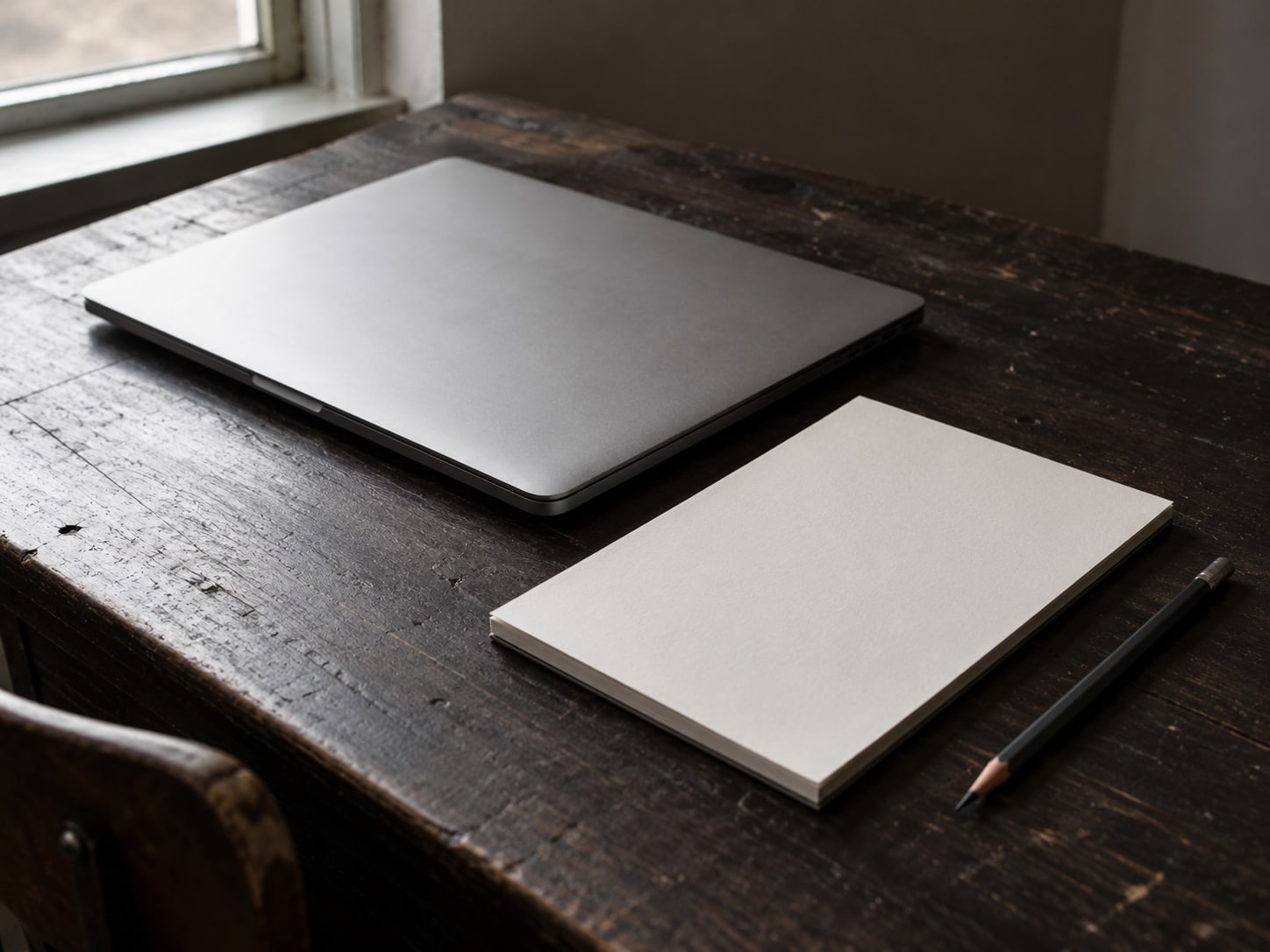 A closed laptop beside a notepad with blank lines and a pencil on a dark wooden desk.