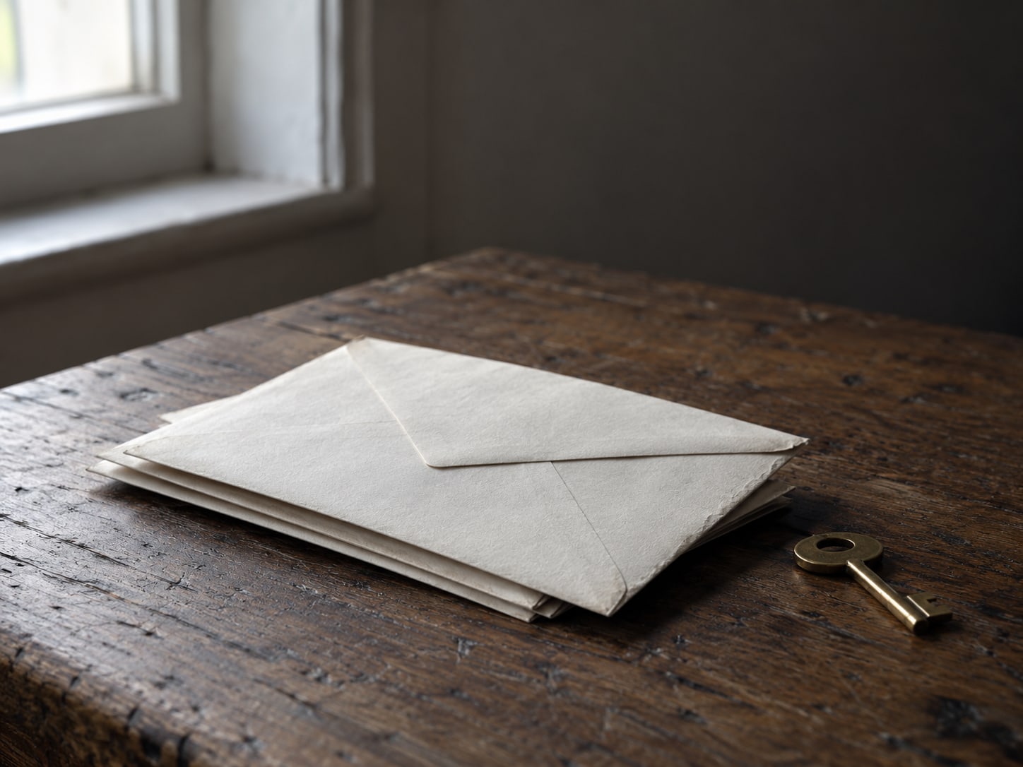 A single sealed envelope on a stack of unopened mail beside a small brass key on a wooden table.