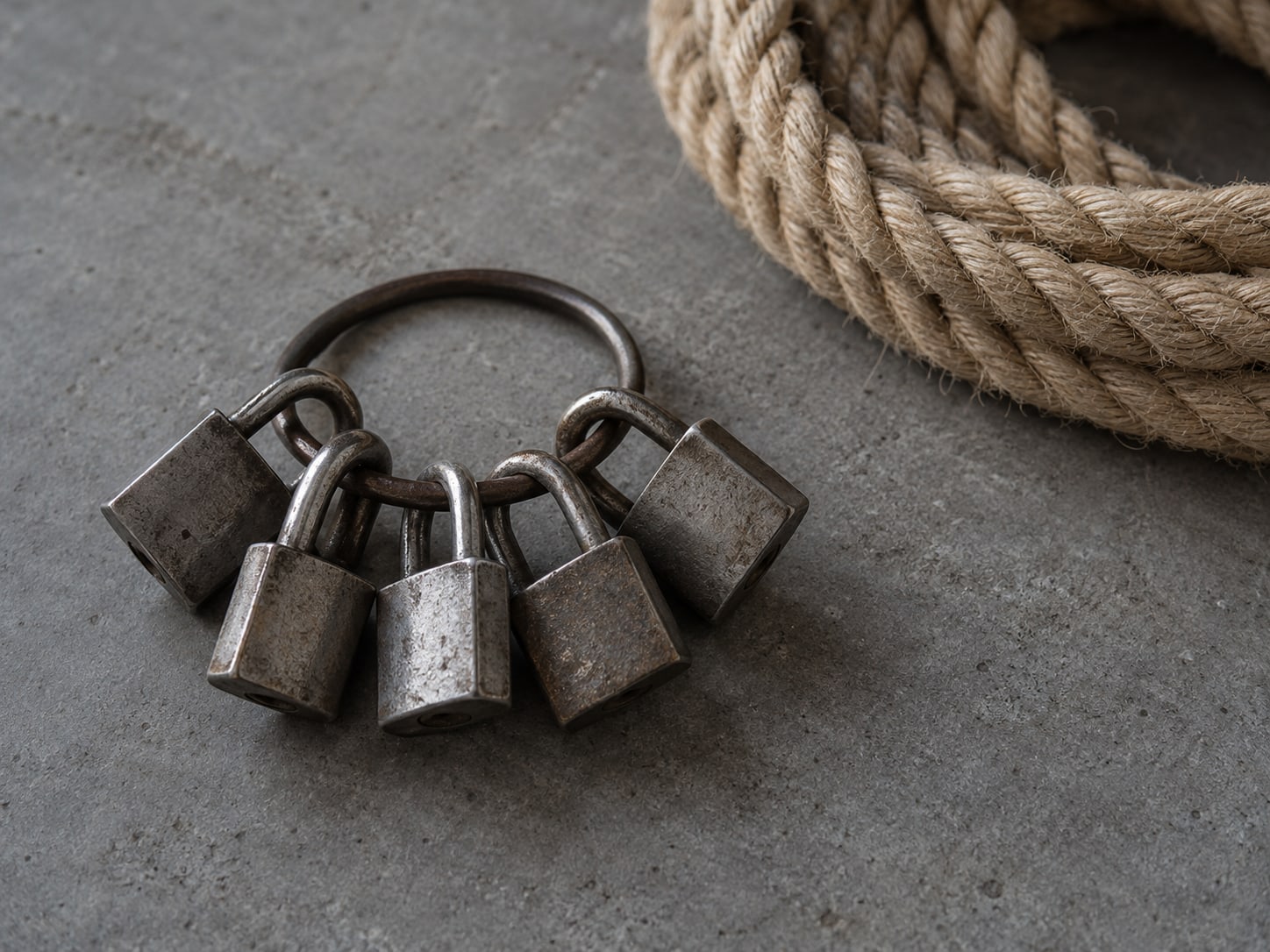 A ring of small metal padlocks arranged on a plain gray surface beside a coil of rope.
