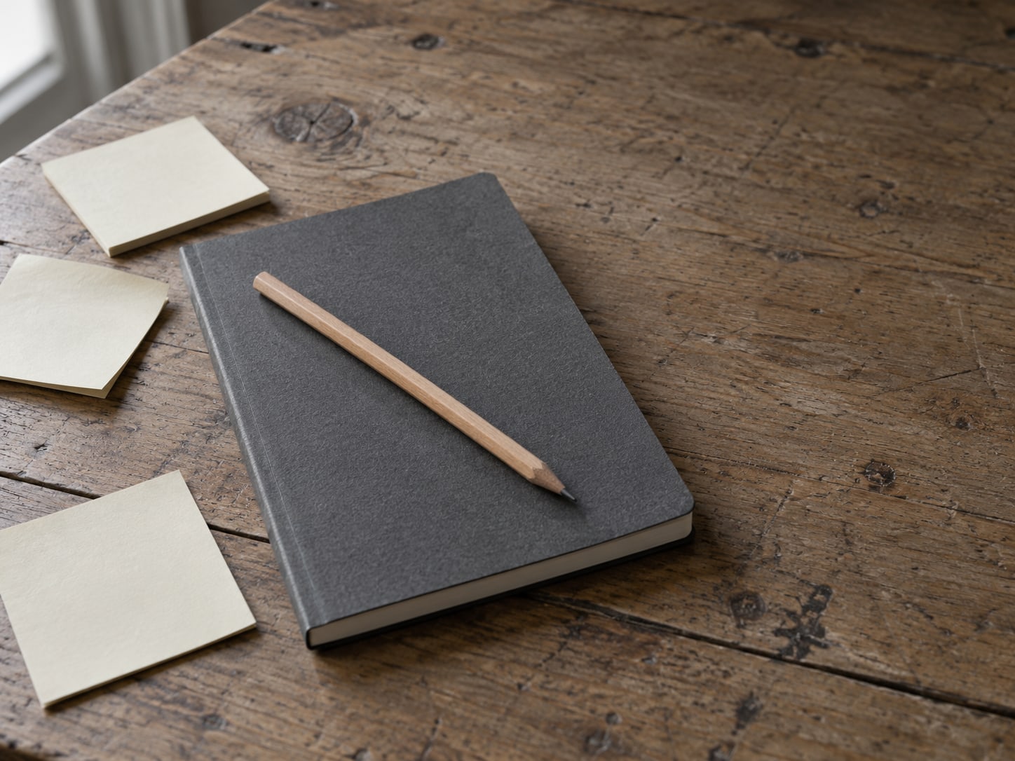 Una libreta cerrada con un lápiz atravesado sobre ella, junto a unas pocas notas adhesivas en blanco sobre una mesa desgastada.