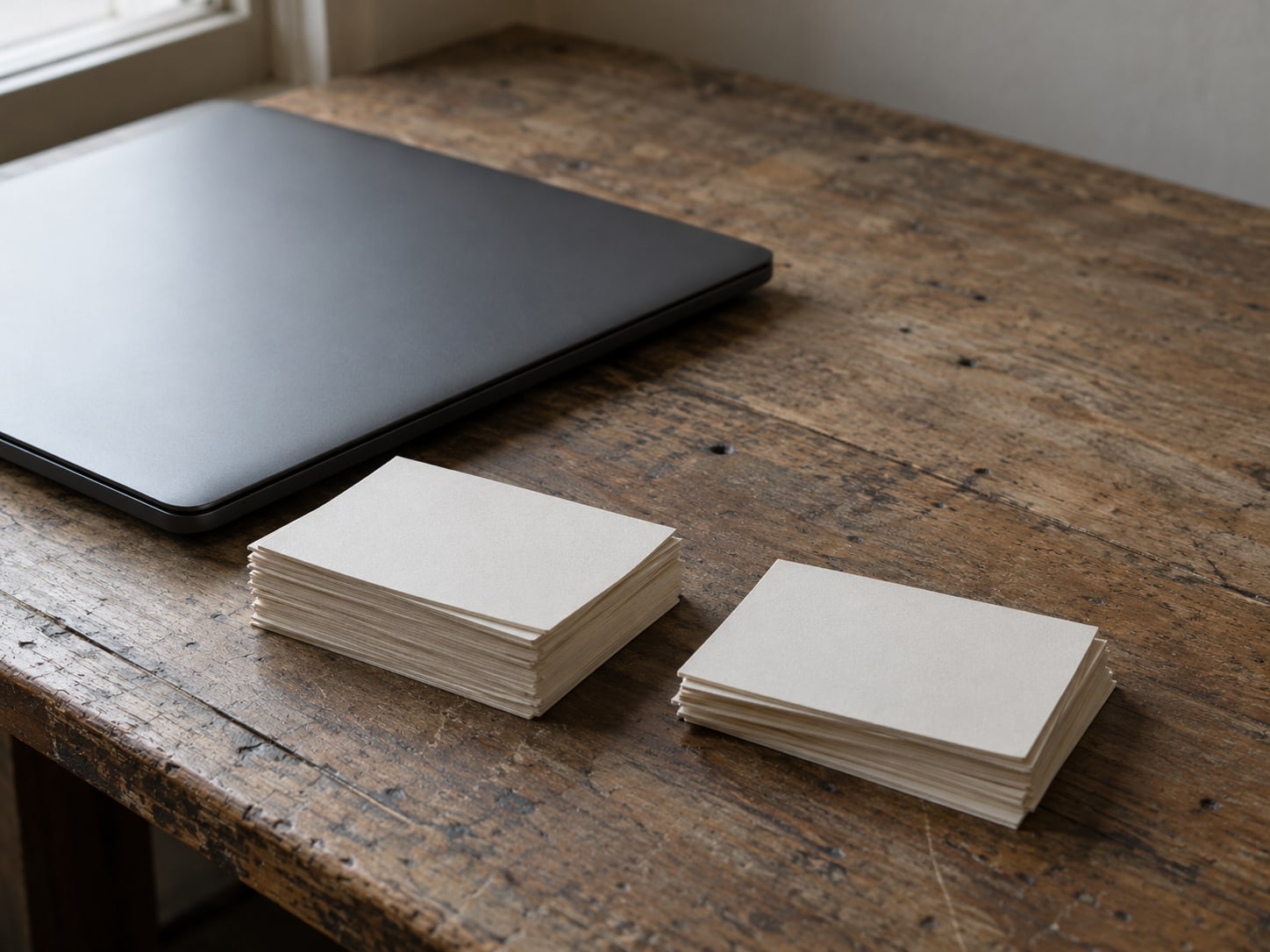 Dos pilas desiguales de fichas en blanco sobre un escritorio de madera, junto a una laptop cerrada.