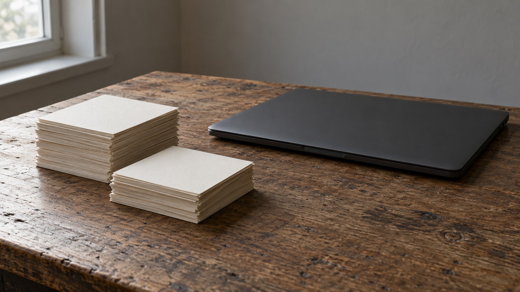 Dos pilas desiguales de fichas en blanco sobre un escritorio de madera, junto a una laptop cerrada.