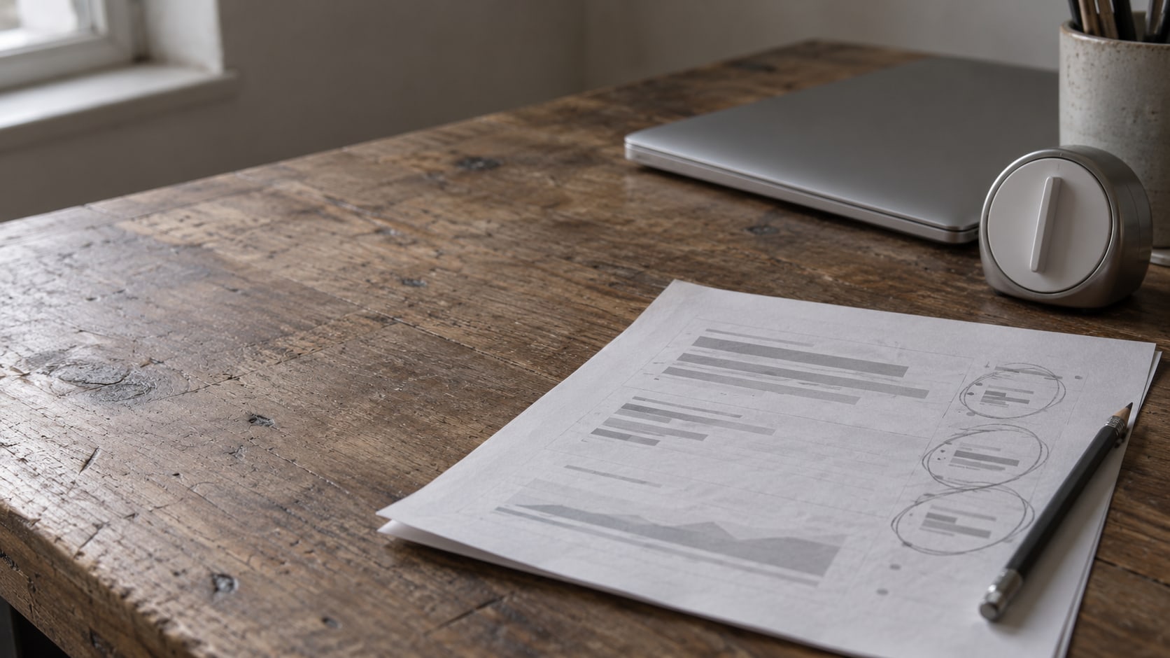 A weekly printed report with a few pencil circles in the margin, a small kitchen timer and a closed laptop on a wooden desk.