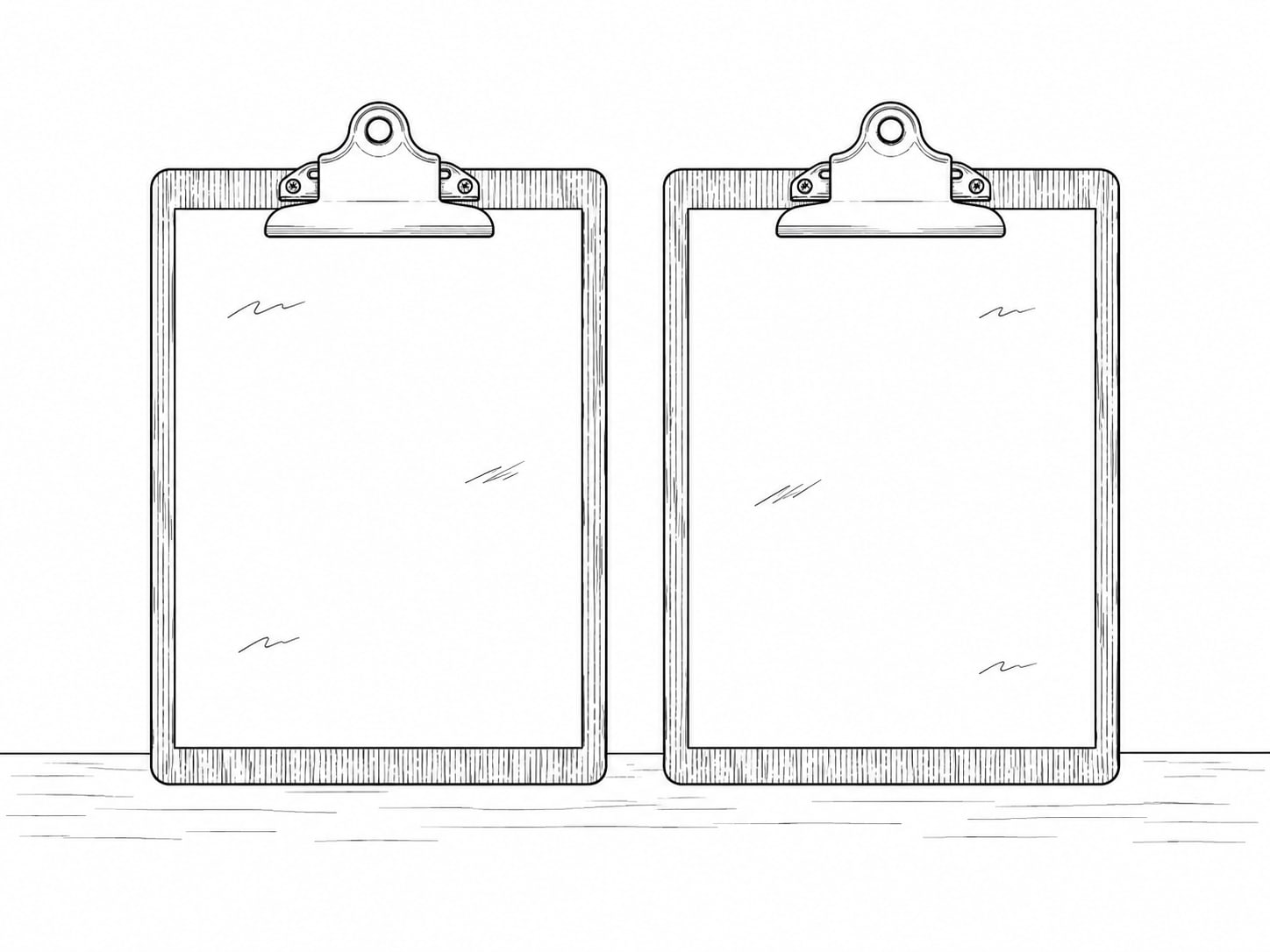 Two wooden clipboards side by side on a desk, each holding a blank sheet with a few unreadable pencil marks.