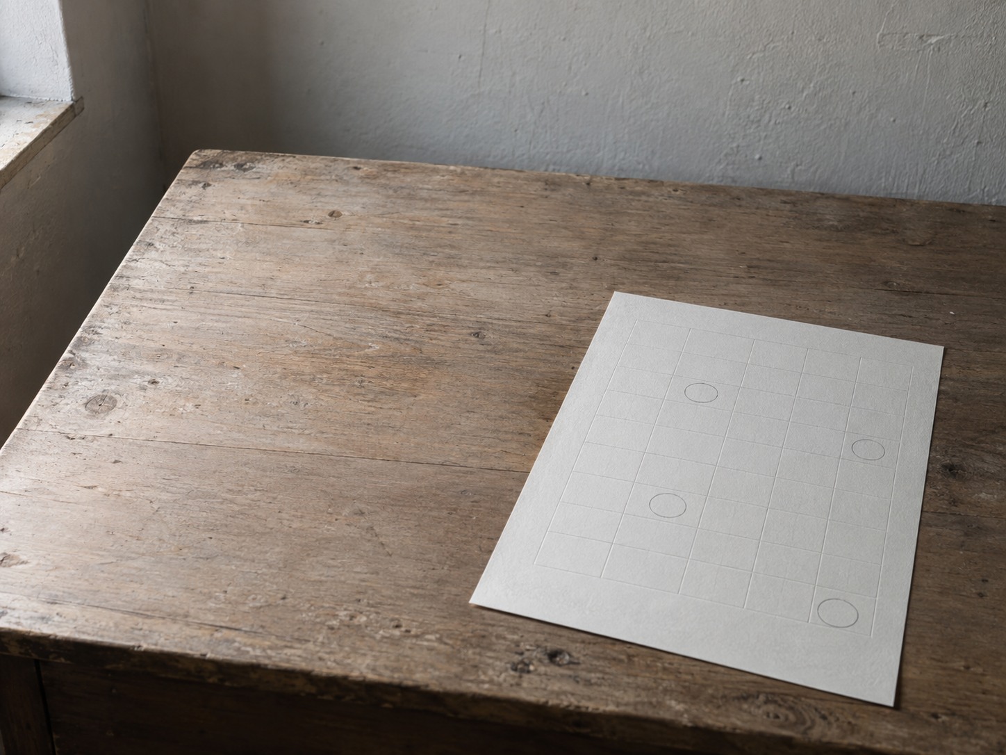 A single blank page with a faint pencil grid and a few small circles, lying on a worn wooden desk.